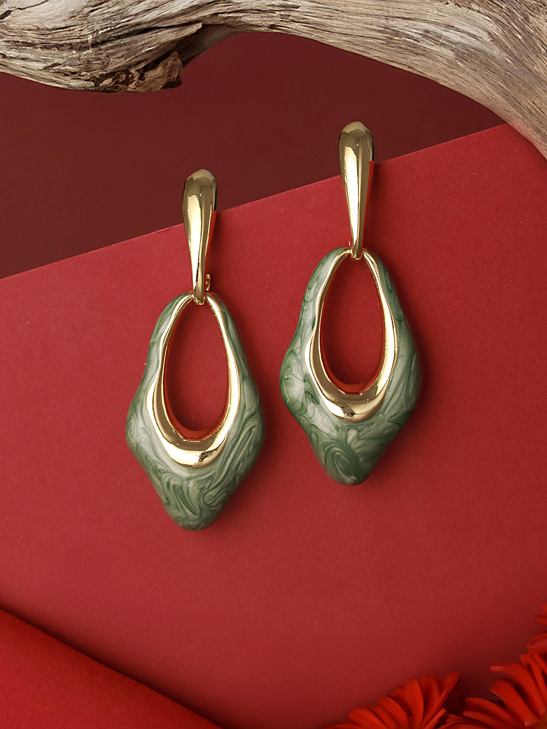 Anti-Tarnish 18k Gold Plated & Emarald Enamelled Hollow Drop Contemporary Earrings