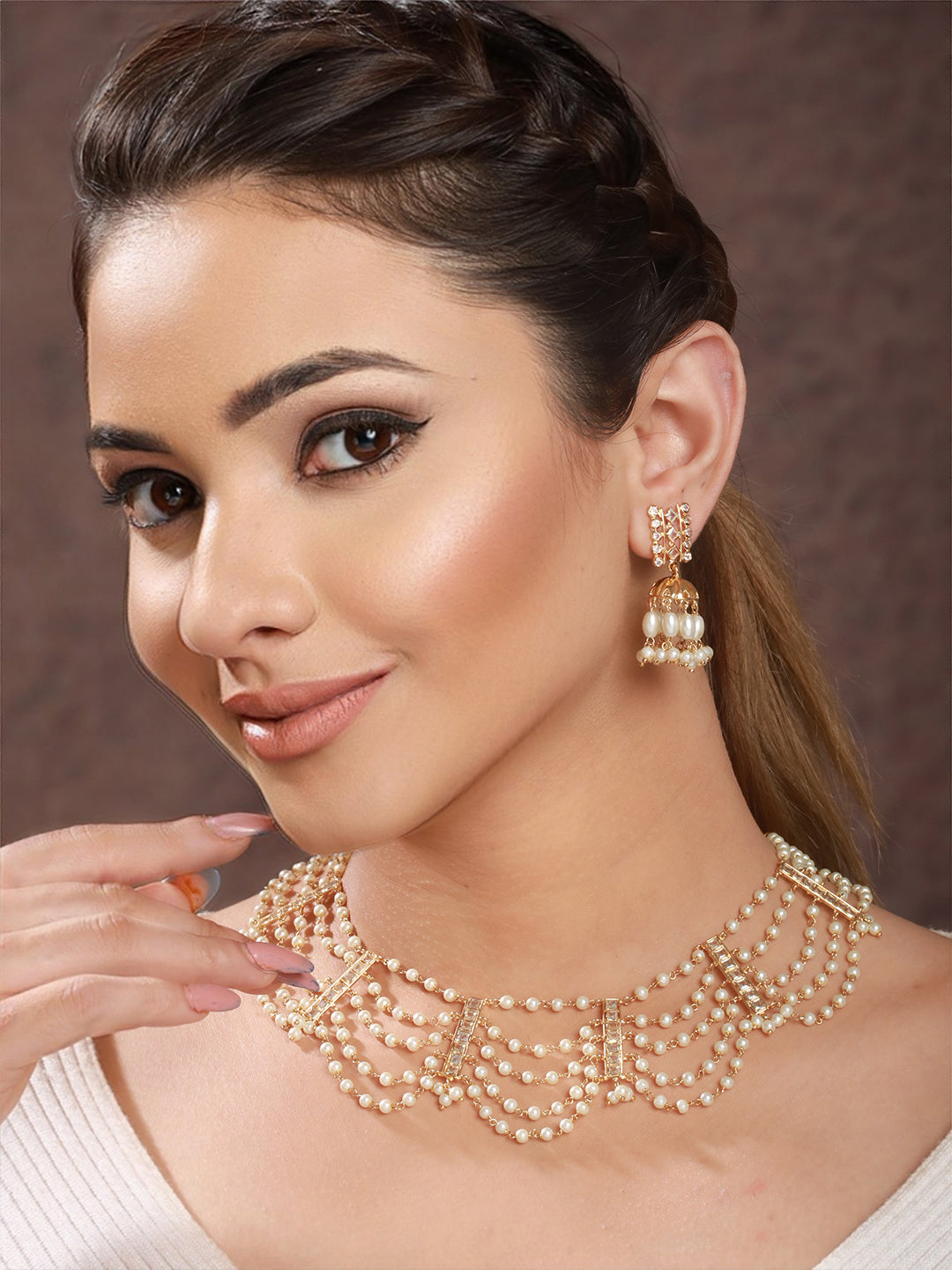 Gold Toned Pearl Beaded Minimal Choker Jewellery  Set