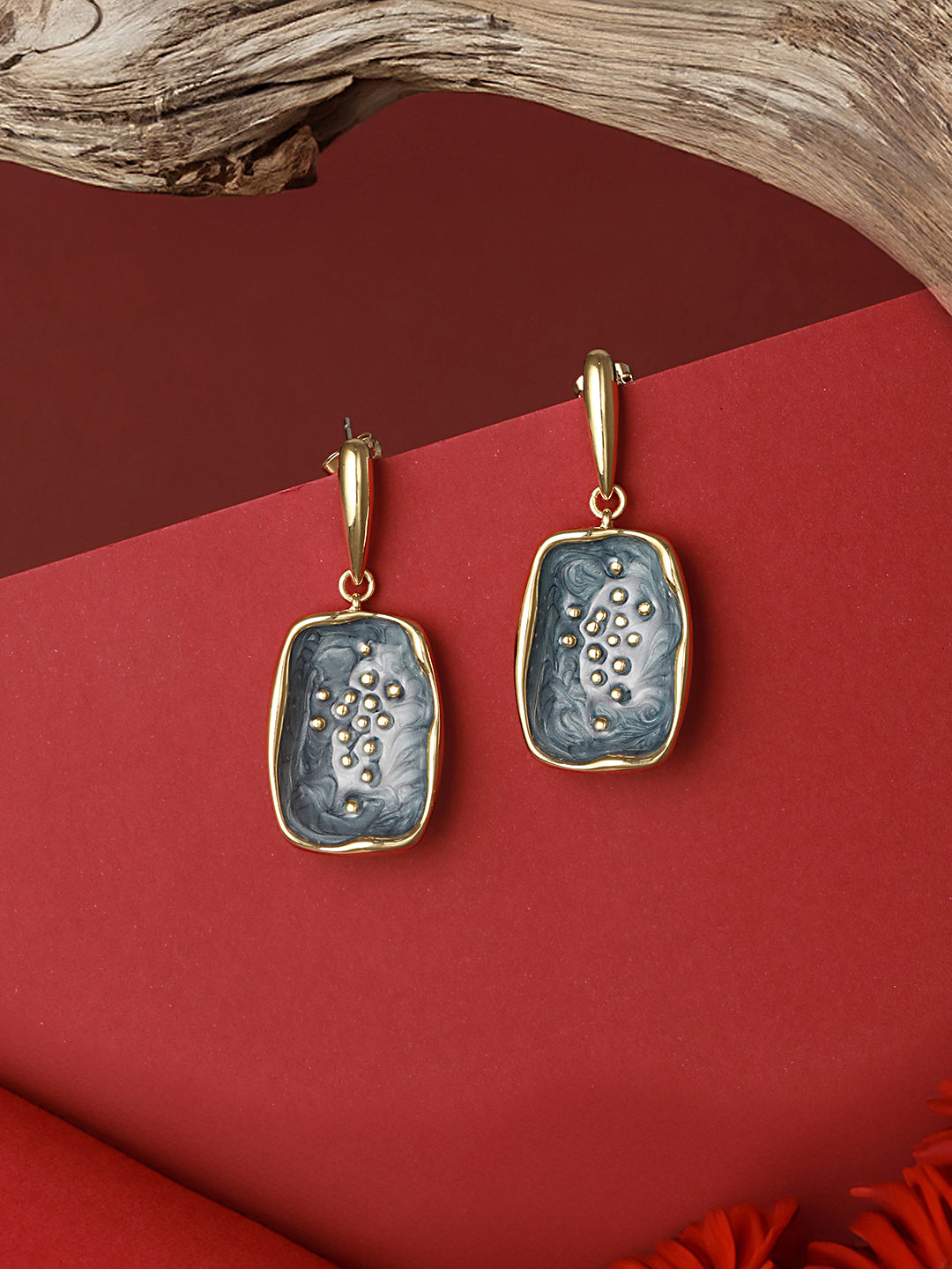 Anti-Tarnish 18k Gold Plated Grey Enamelled Golden Dot Drop Earrings