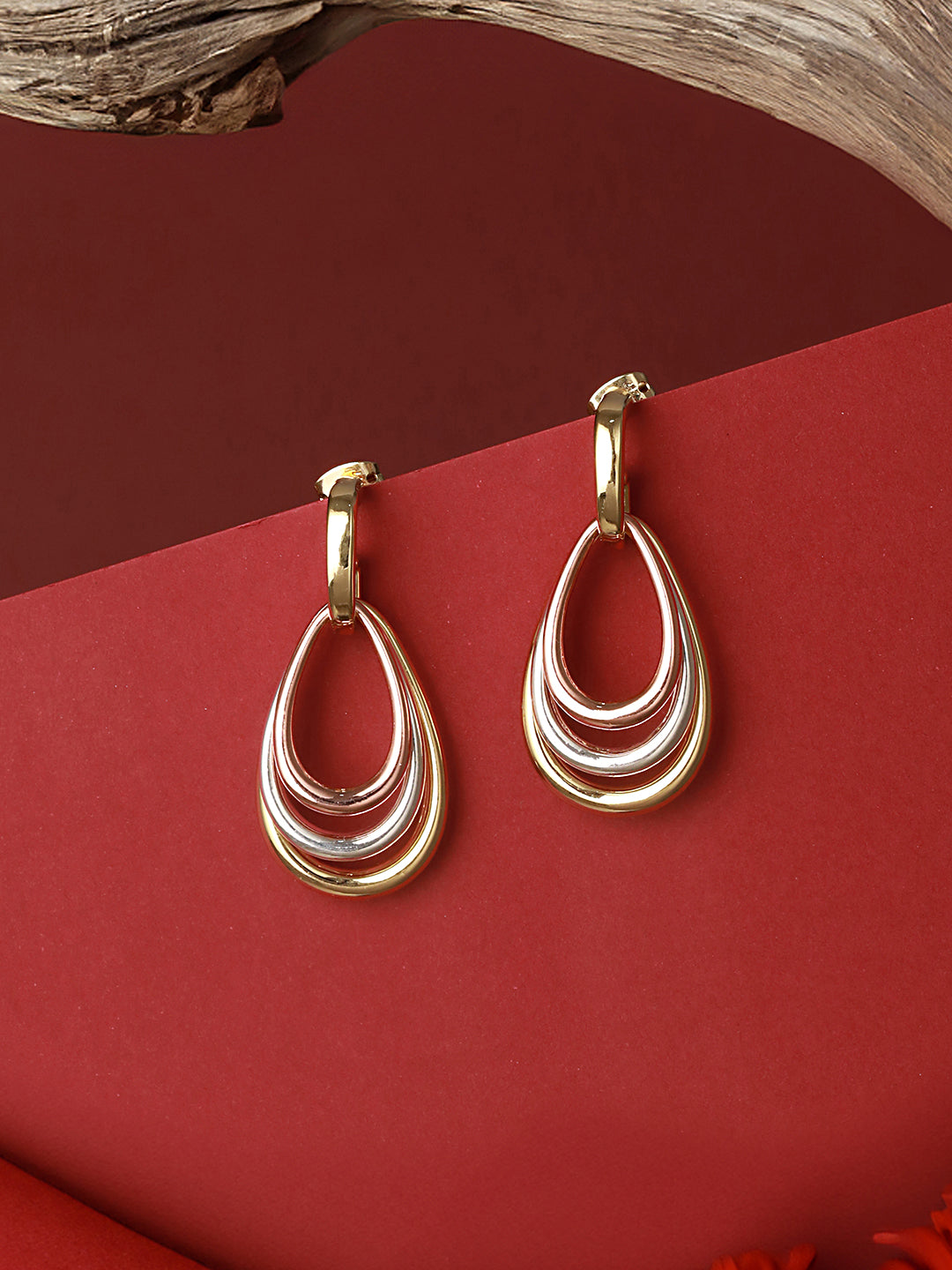 Anti-Tarnish Tri Gold Plated Concentric Drop Shaped Dangler Hoop Earrings