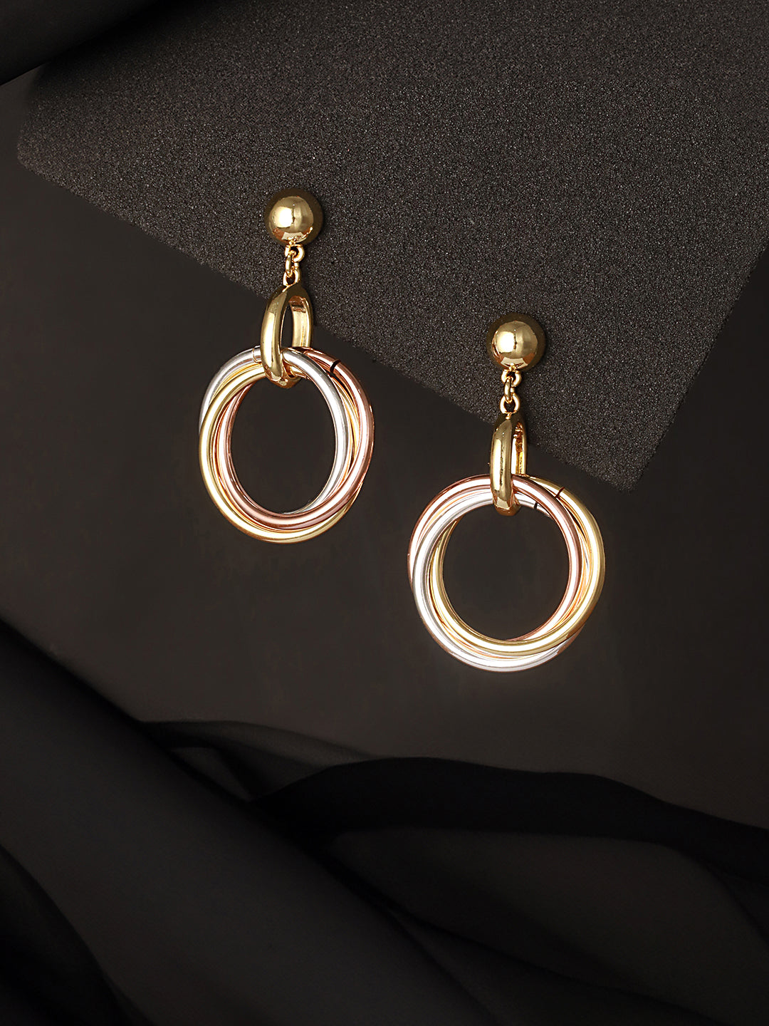 Anti-Tarnish 3 Toned Gold Plated Twisted Round Double Circle Chunky Drop Hoop Earrings