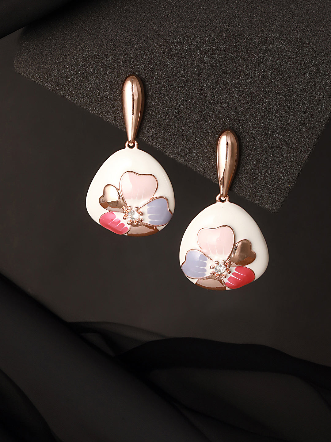 Anti-Tarnish 18k  Gold Plated Off White Enamelled Floral Statement Dangler Earrings