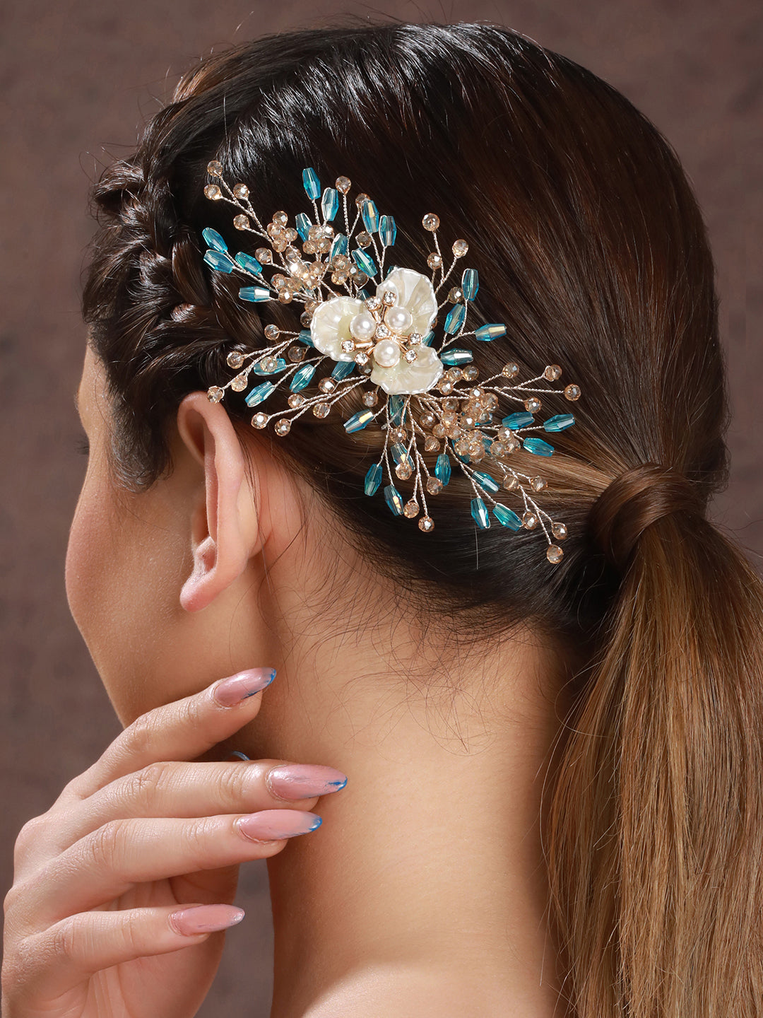 Gold Toned Mother Of Pearl Embellished Blue Hair Comb  Pin