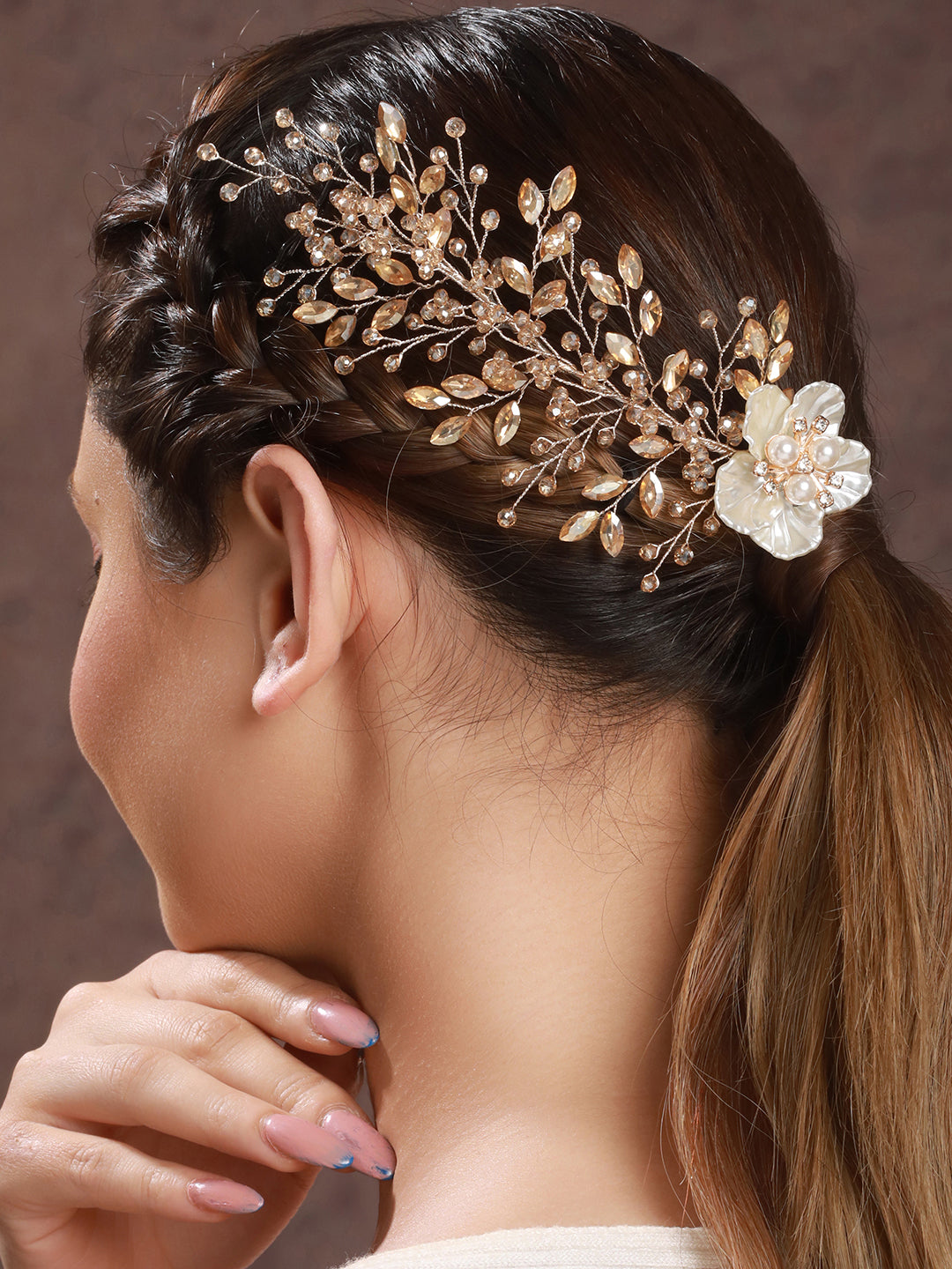 Gold  Toned Coral Pearl Embedded Statement Hair Comb Pin