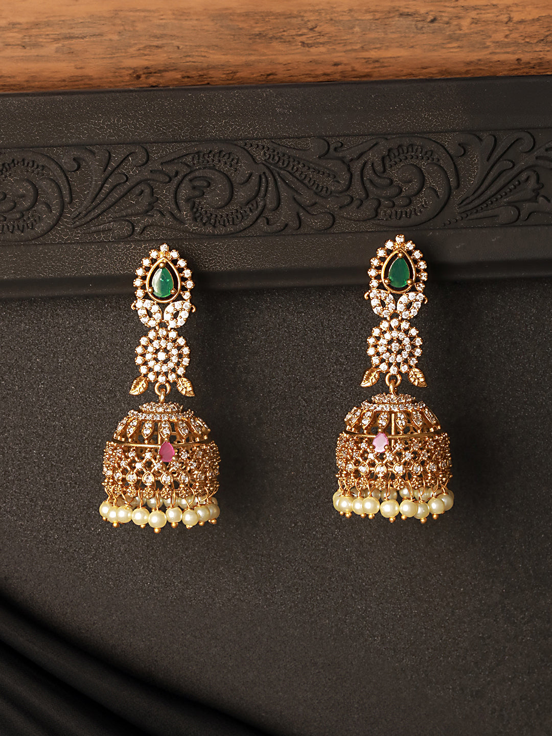 Gold Plated Green Zircon Studded Pearl Beaded Dangler  Earrings