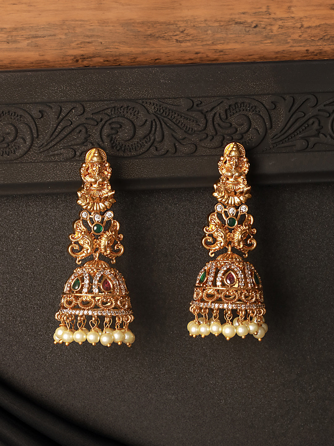 Gold Matt Polish Zircon Studded Lakshmiji Motif Designer Danggling  Earring