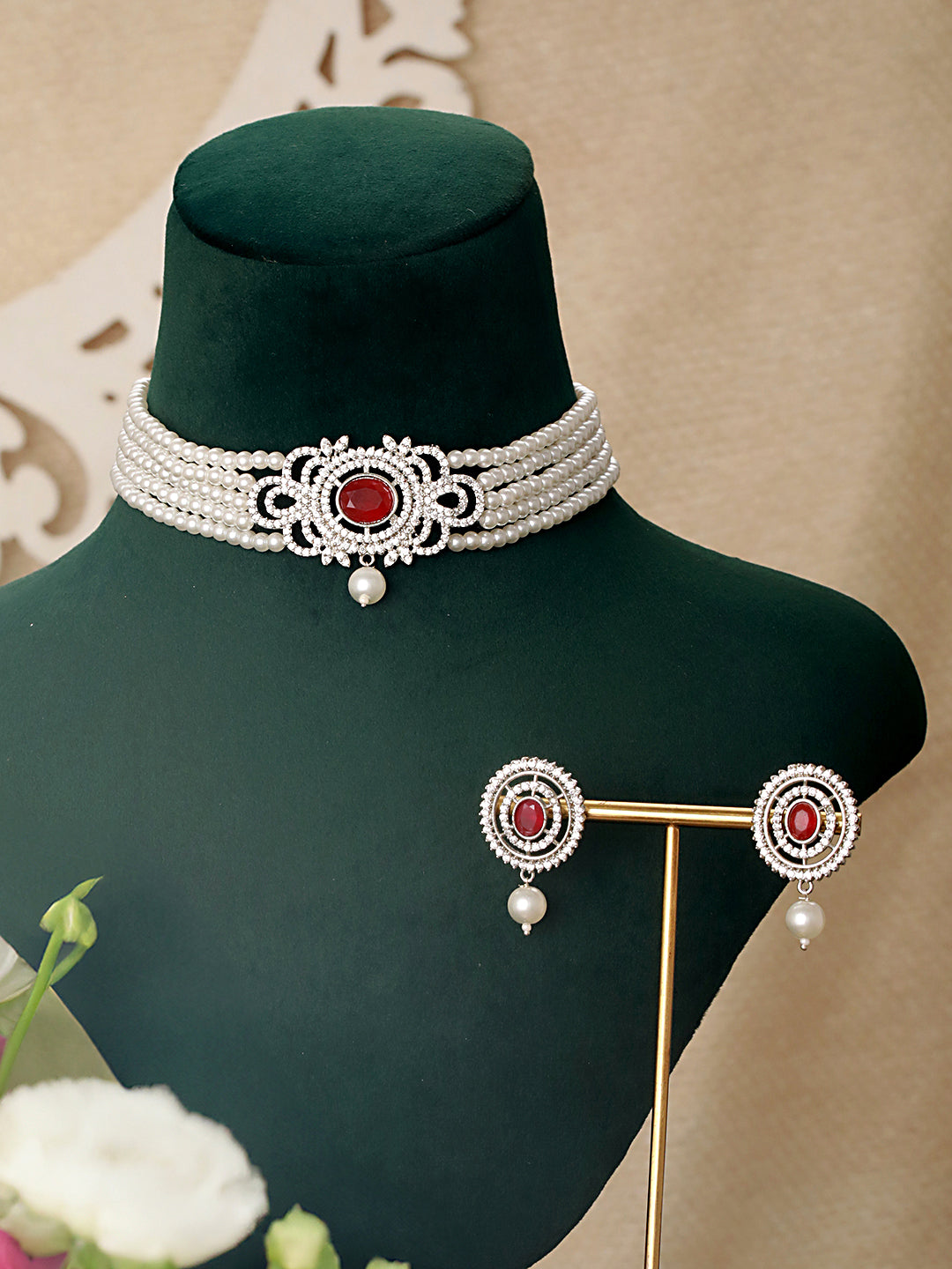 Silver Toned Red Ruby Studded Pearl Beaded Choker Jewellery Set