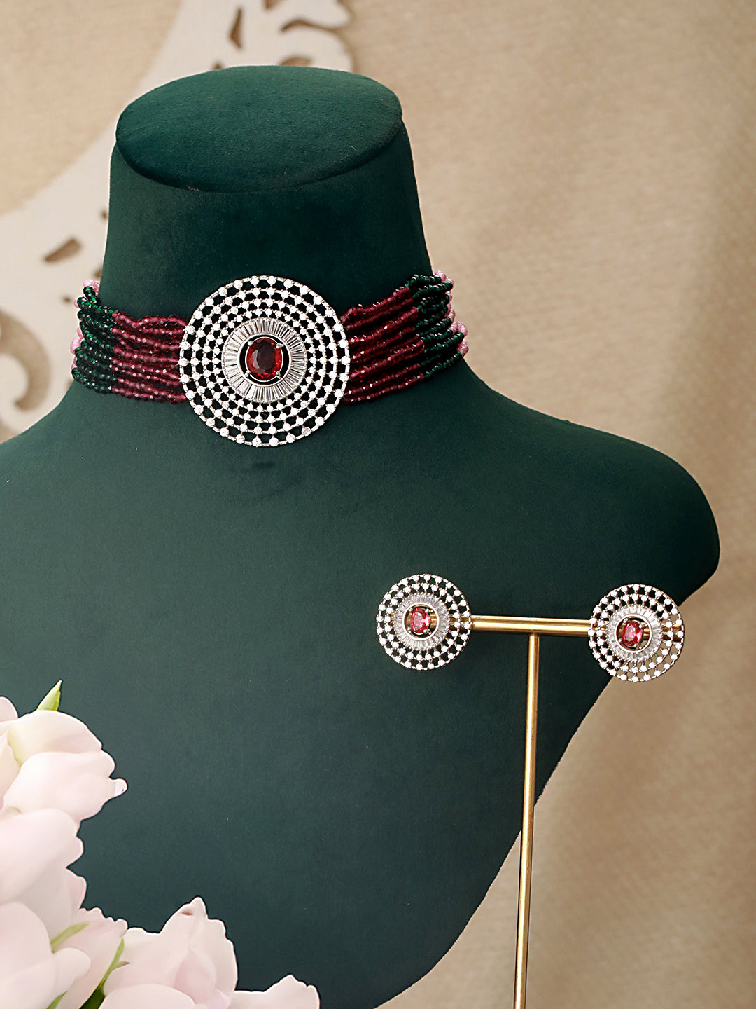 Silver Plated Ruby Red Studded Pearl Beaded Studds Earrings With Choker Jewellery Set