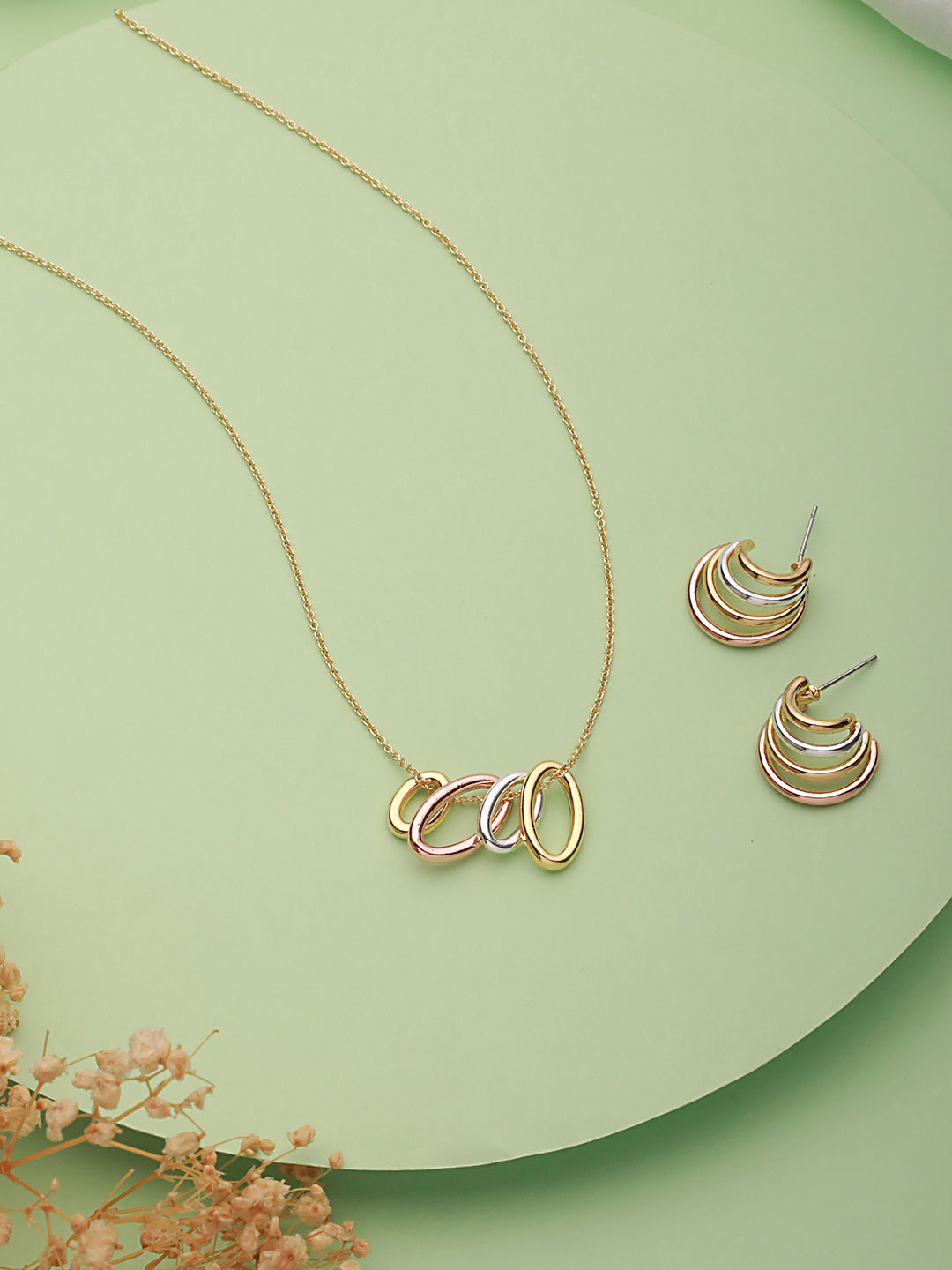 Anti-Tarnish Triple Tone Chunky halo Earrings & Pendant Jewellery Set