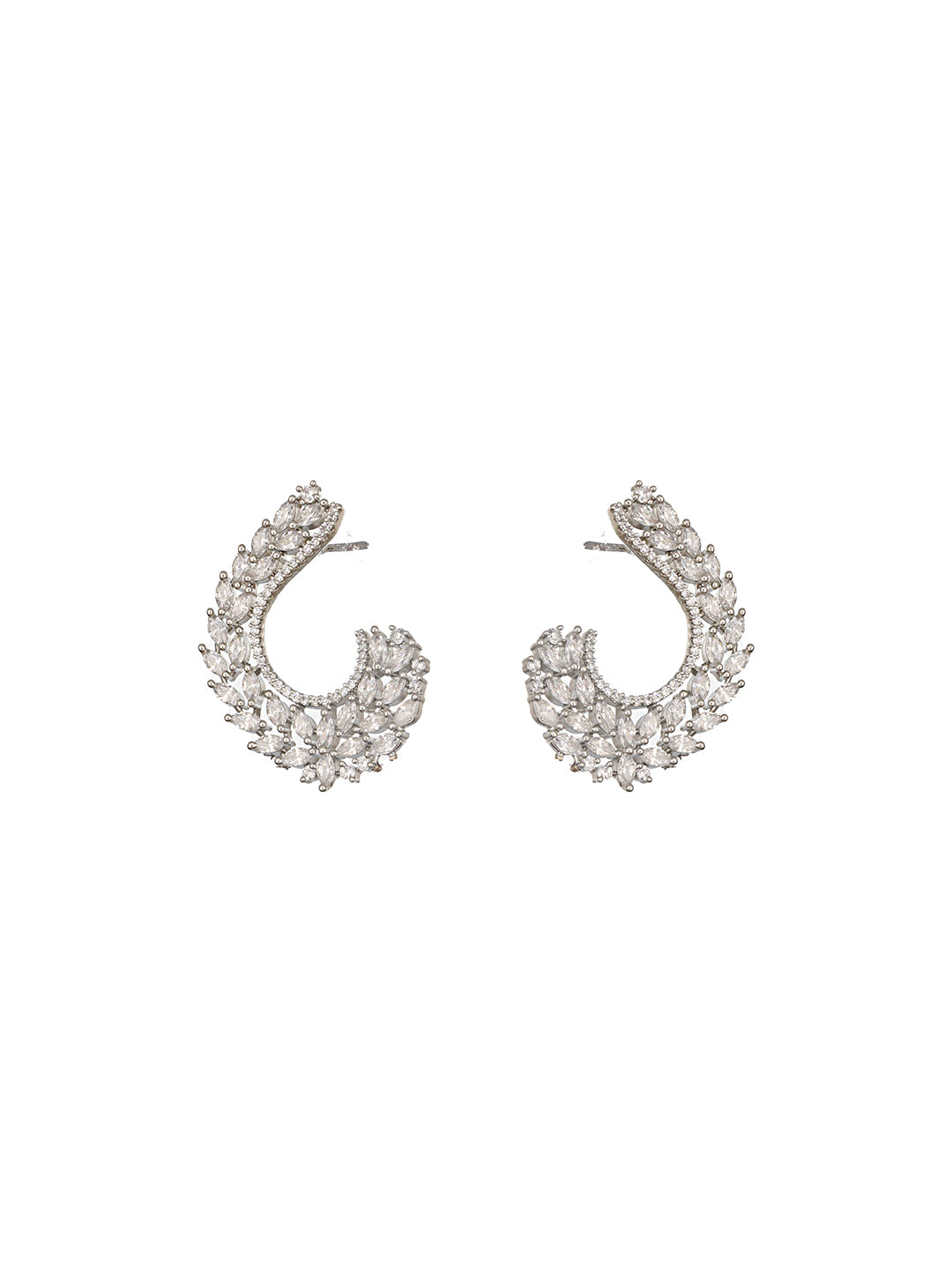 Silver Toned Zircon Studded Handcrafted Feather Shaped C Hoop Earrings