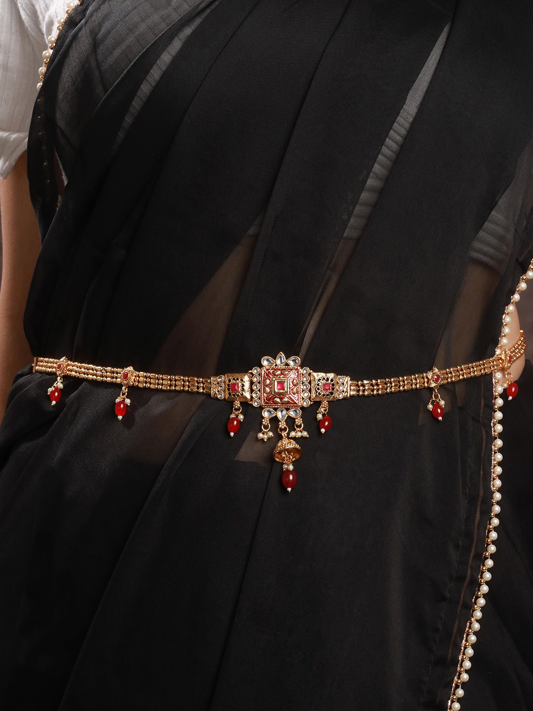 Gold Plated Red Kundan Rajasthani Waistband Kamarbandh