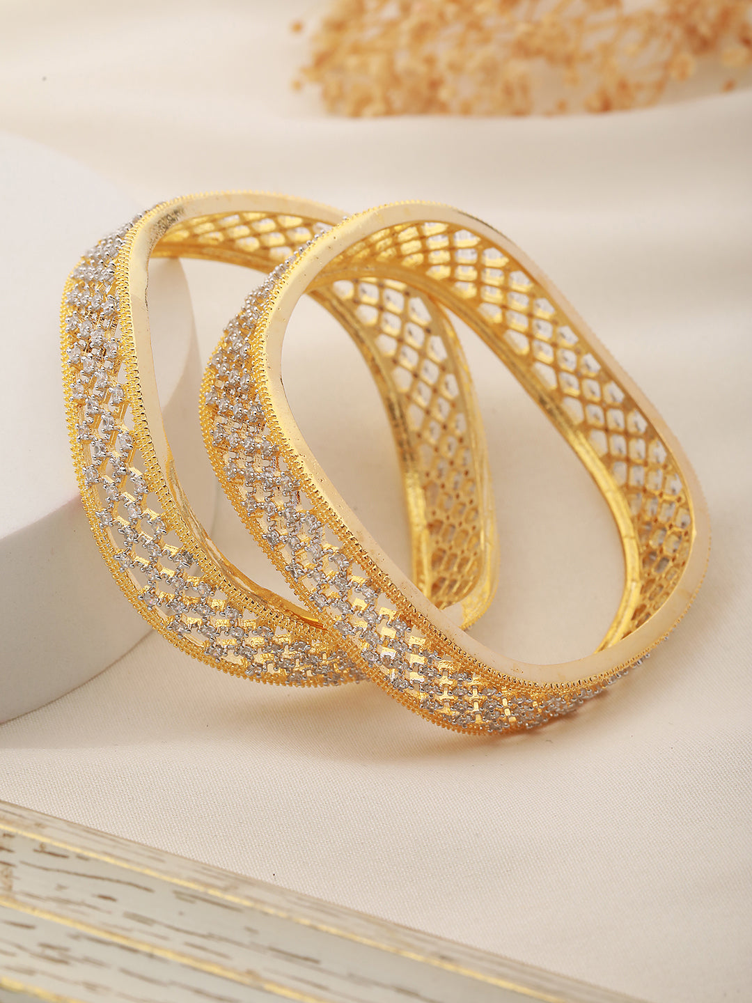 Set Of 2 Gold Plated  AD Studded Cut -Out Hand Crafted Bracelet Bangles