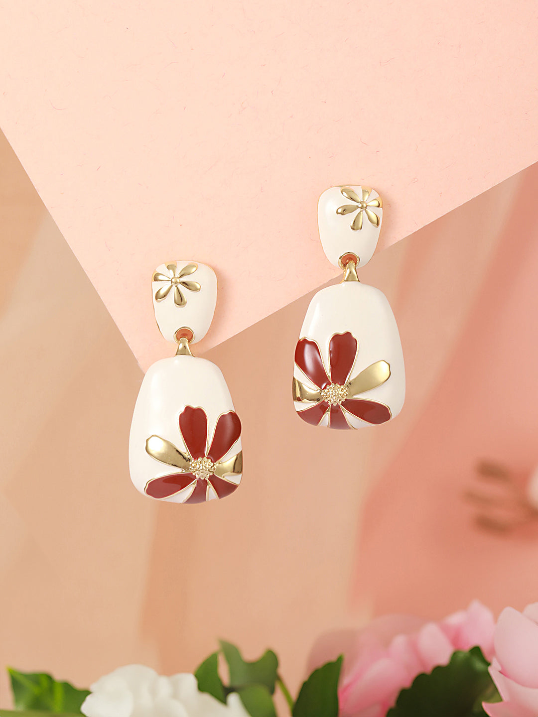Anti-Tarnish Gold Plated & Enamelled Leaf Design Luxe Drop Earrings