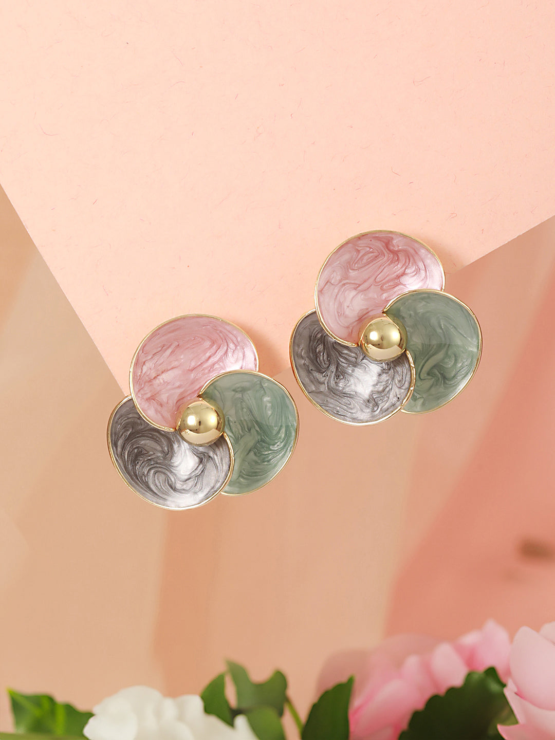 Anti-Tarnish 18k Gold Plated & Enamelled Floral Statement Studs Earrings