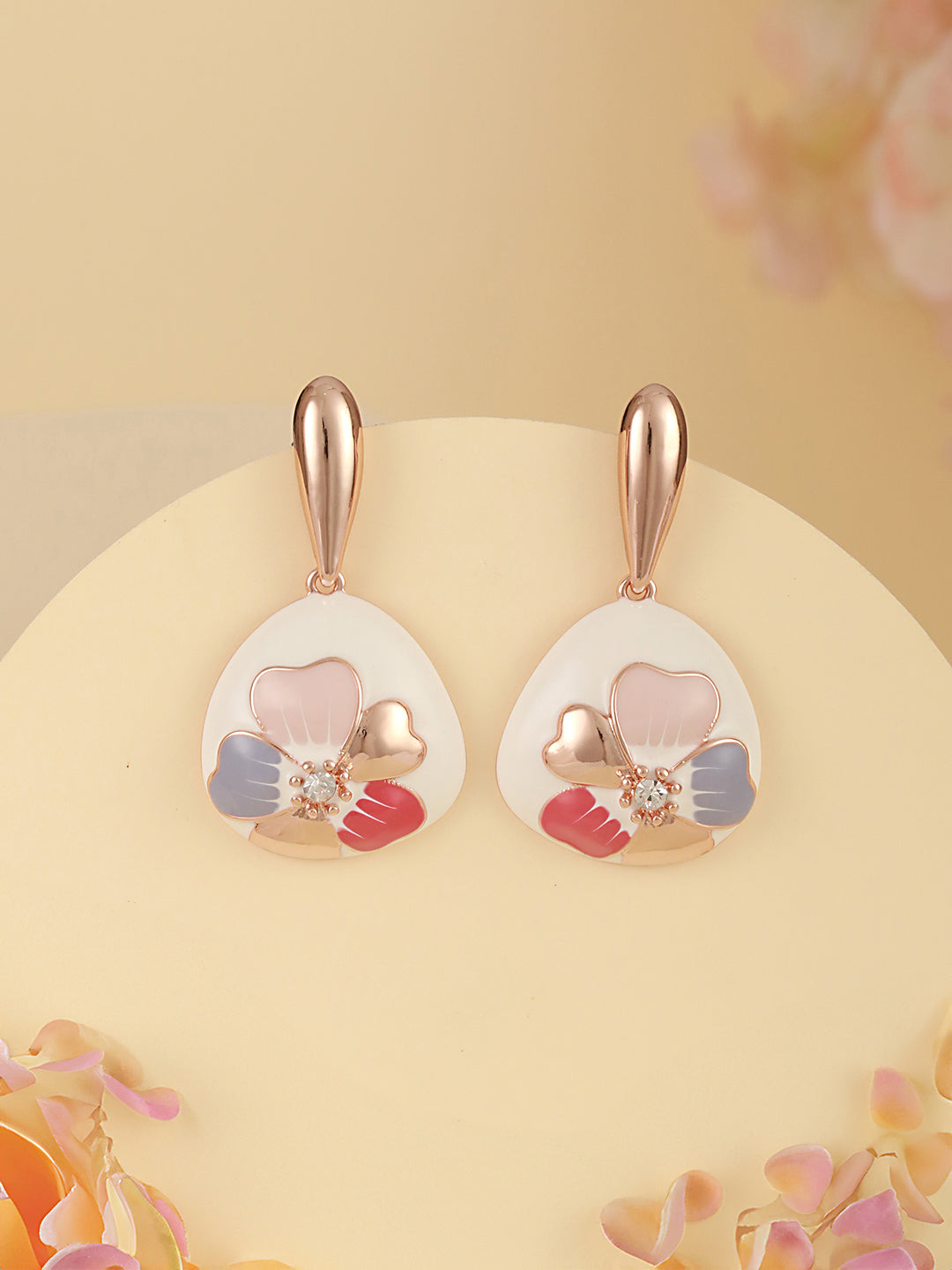 Anti-Tarnish 18k  Gold Plated Off White Enamelled Floral Statement Dangler Earrings