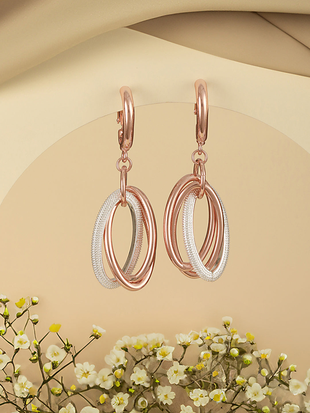 Anti-Tarnish Rose Gold Concentric Circular Drop Dangling Earrings