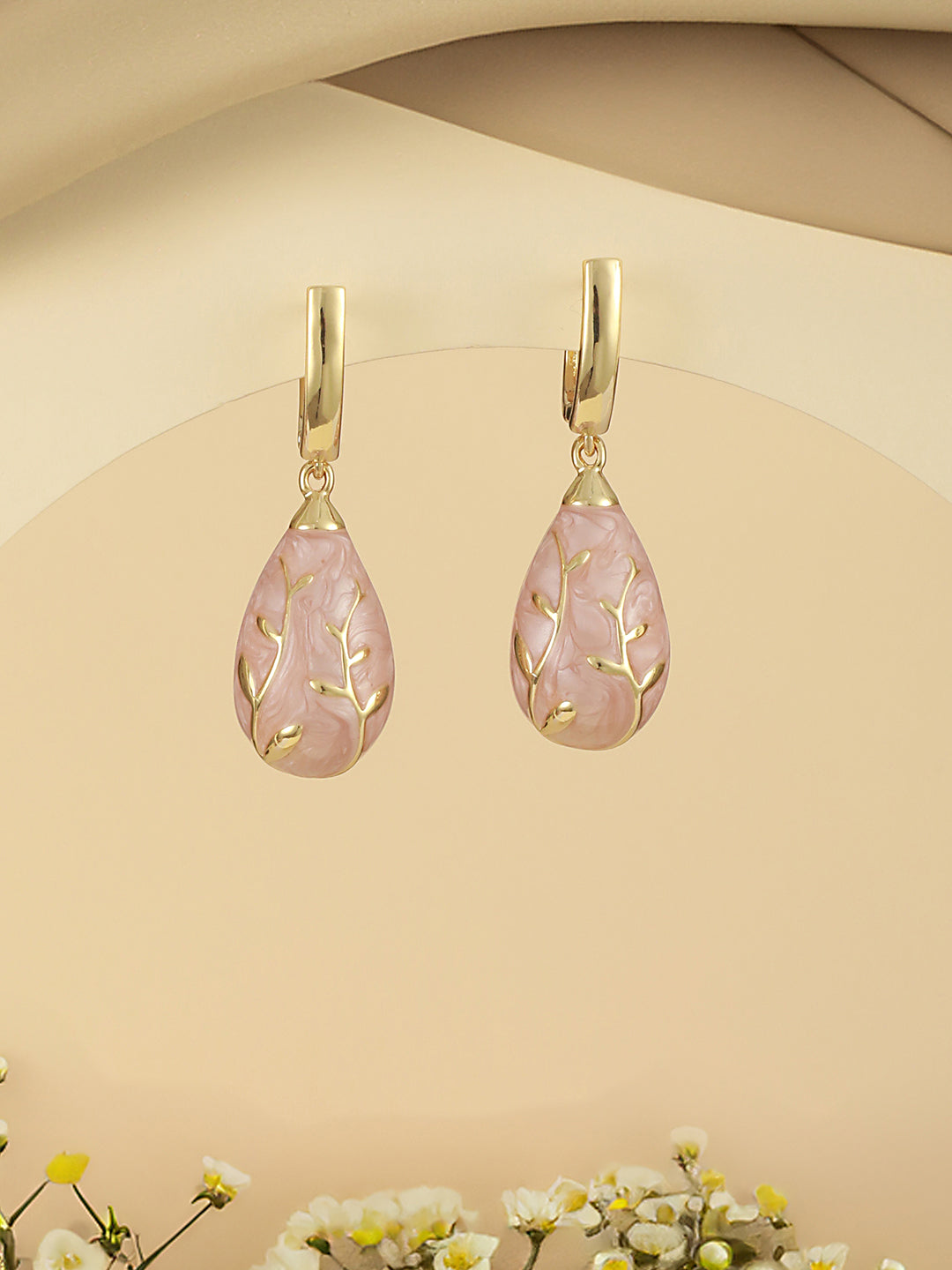 Anti-Tarnish 18 K Gold Plated & Enamelled Tear Shaped Floral Hoop Earrings