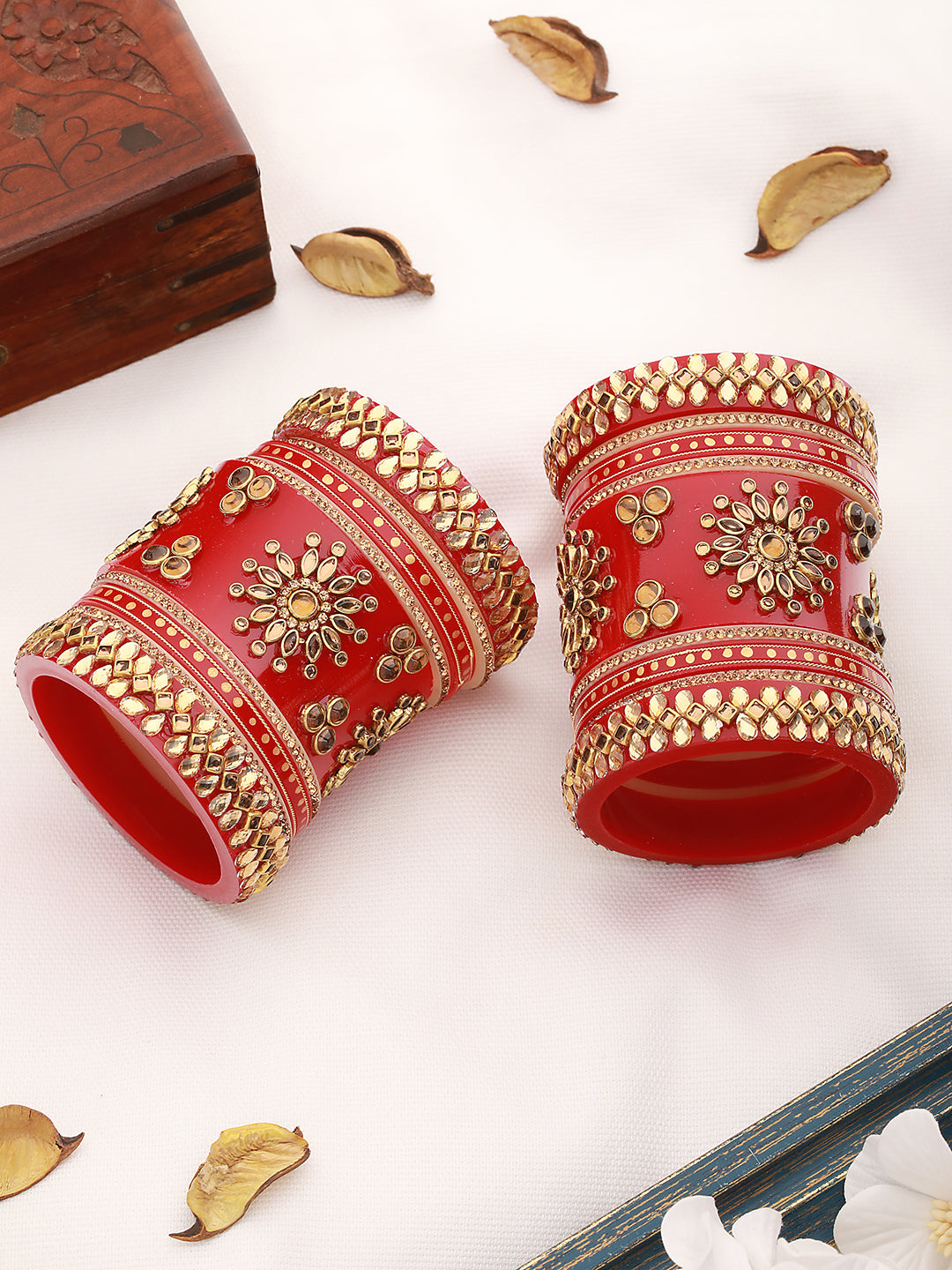 Gold Plated Set Of 2 Matching Red Bangles Set Bridal Wedding Chuda