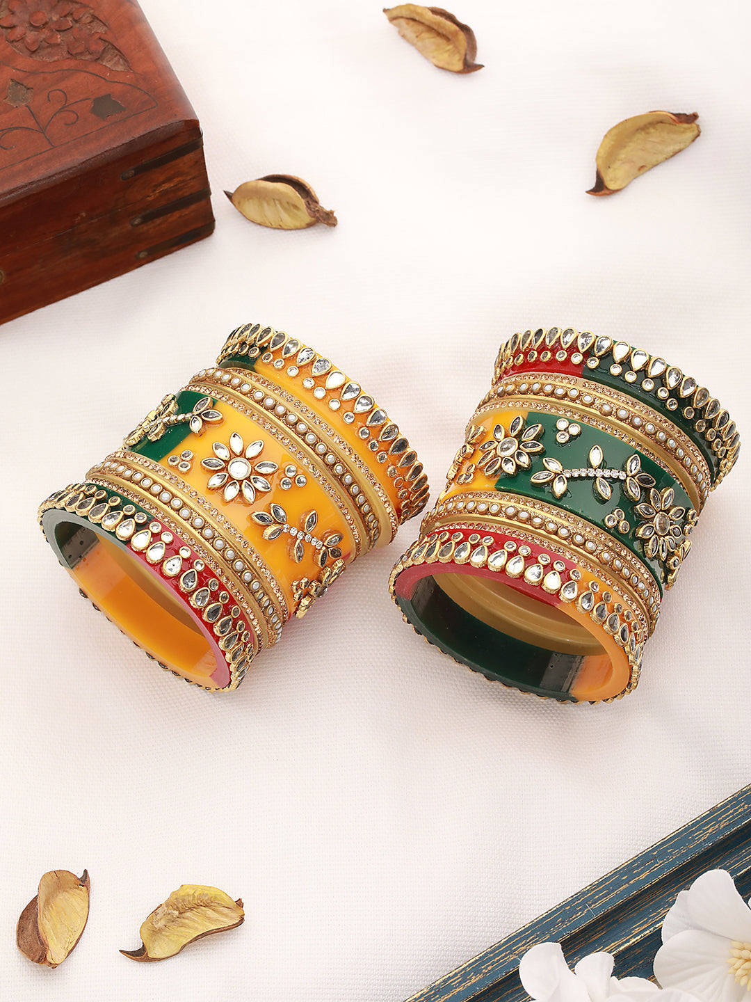Gold Plated Set of 2 Multicolored traditional Kundan Bangles Bridal Chuda