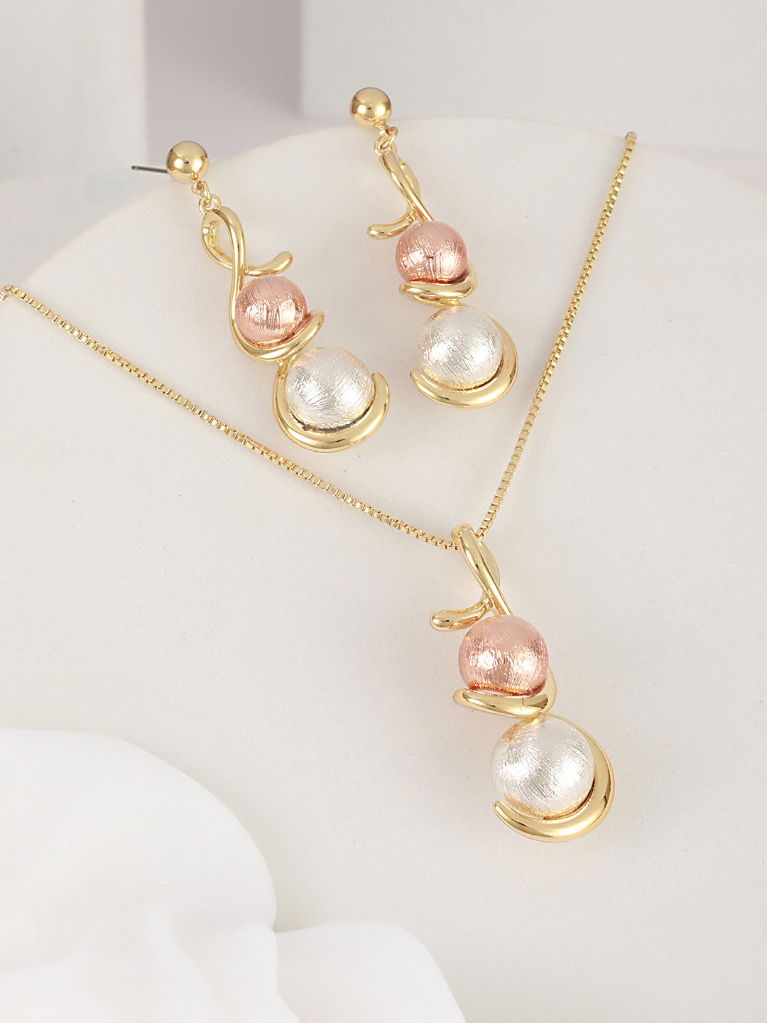 Anti-Tarnish Rose Gold & Silver Toned Twisted Ball Locket & Earrings Jewellery Set