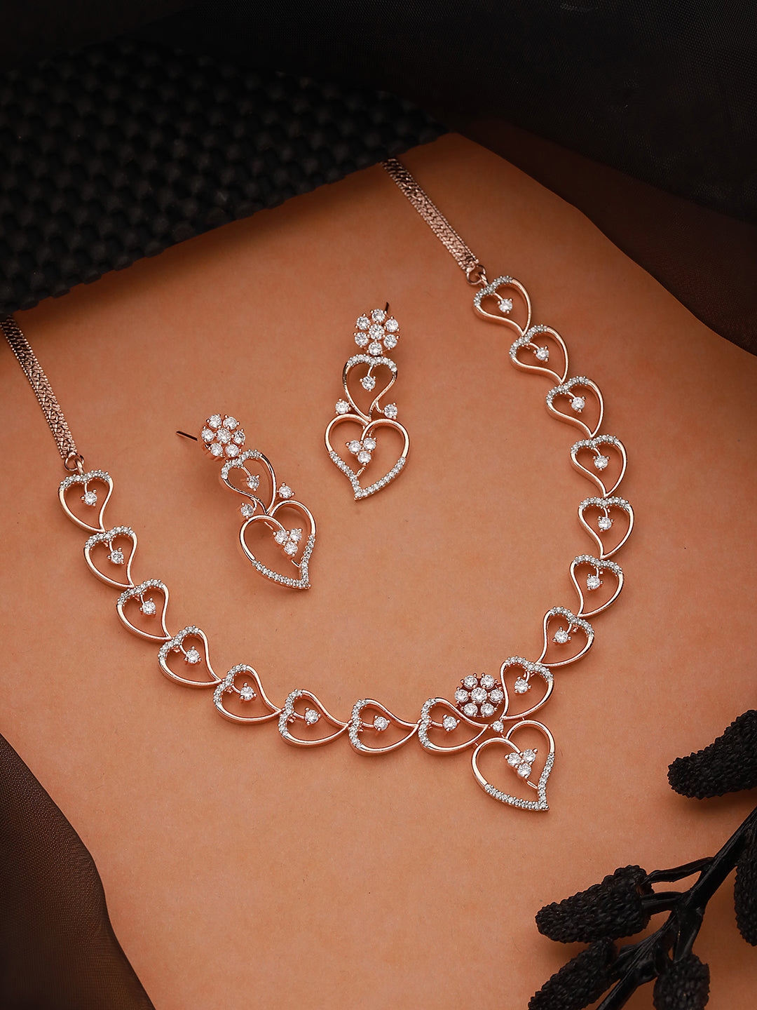 Rose Gold Toned CZ Studded Heart Shaped Minimal Jewellery Set