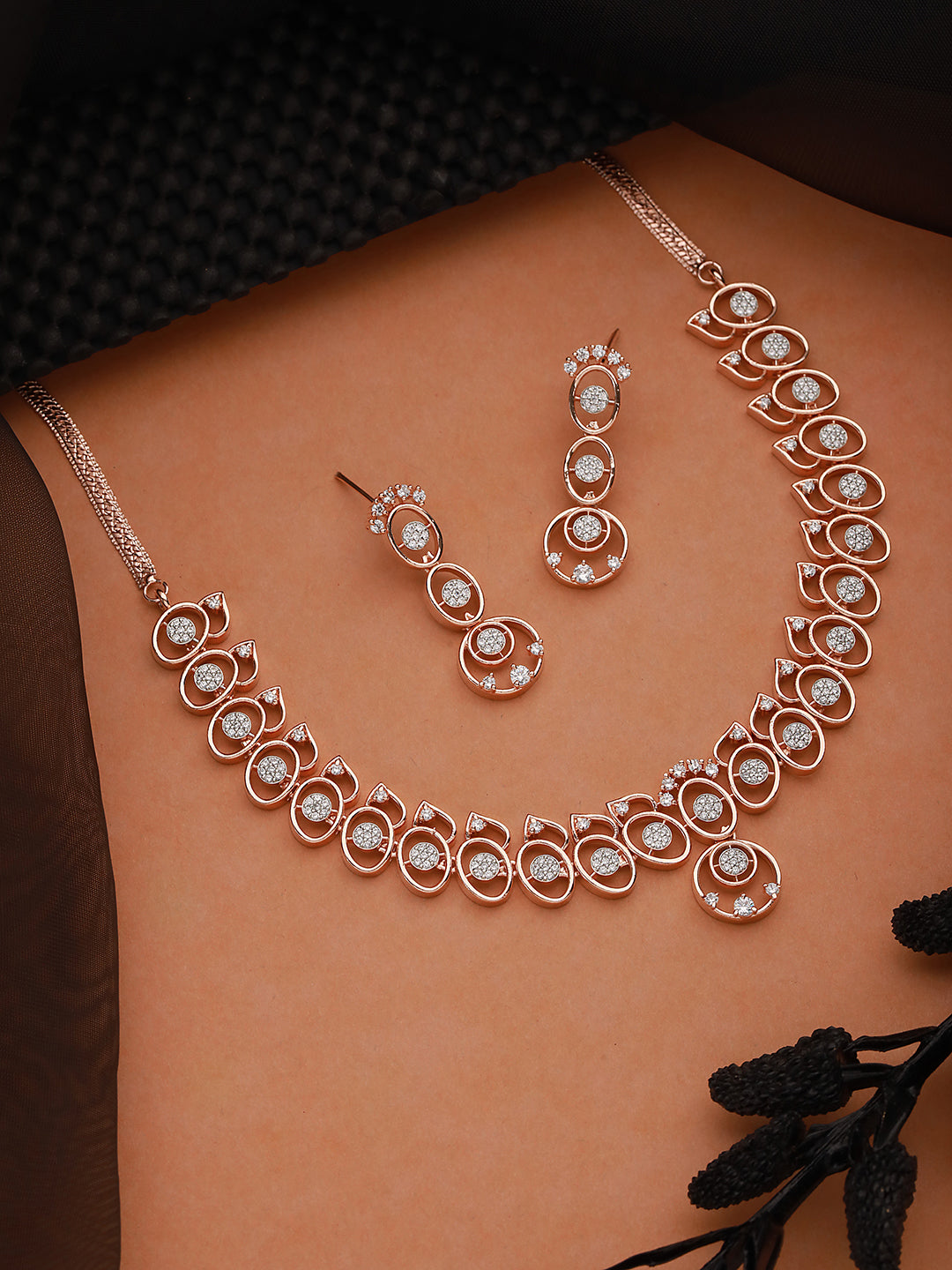 Rose Gold Toned AD Studded Minimal Geometric Jewellery Set