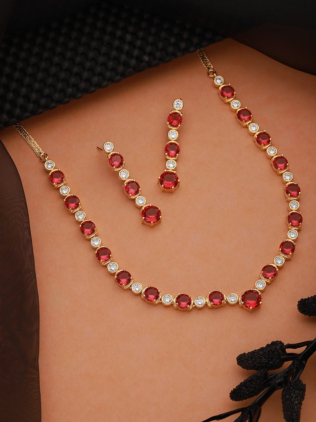 Gold Toned Red Ruby Minimal Necklace  jewellery Set
