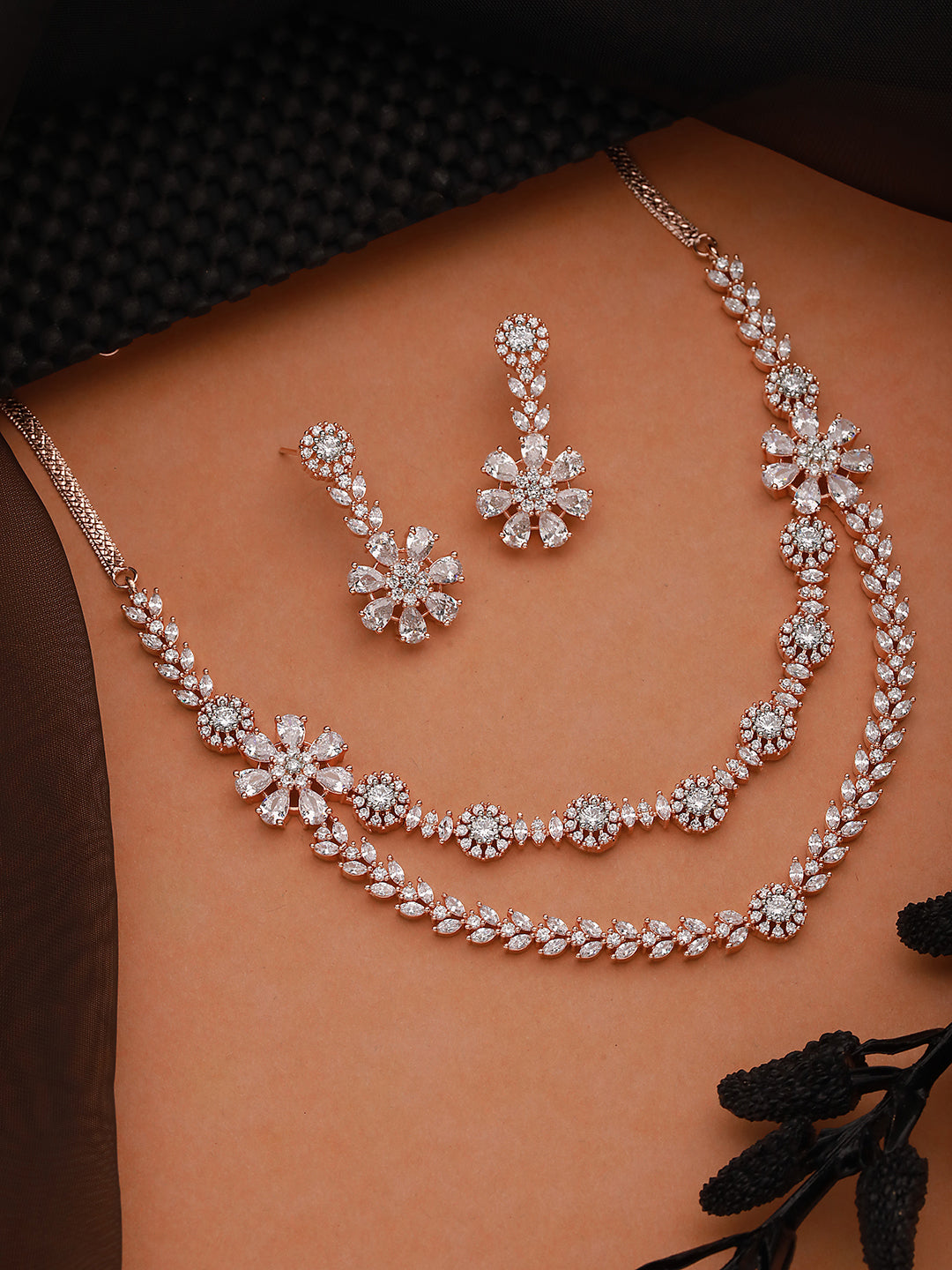 Silver Toned CZ Studded 2 line Floral Jewellery Set
