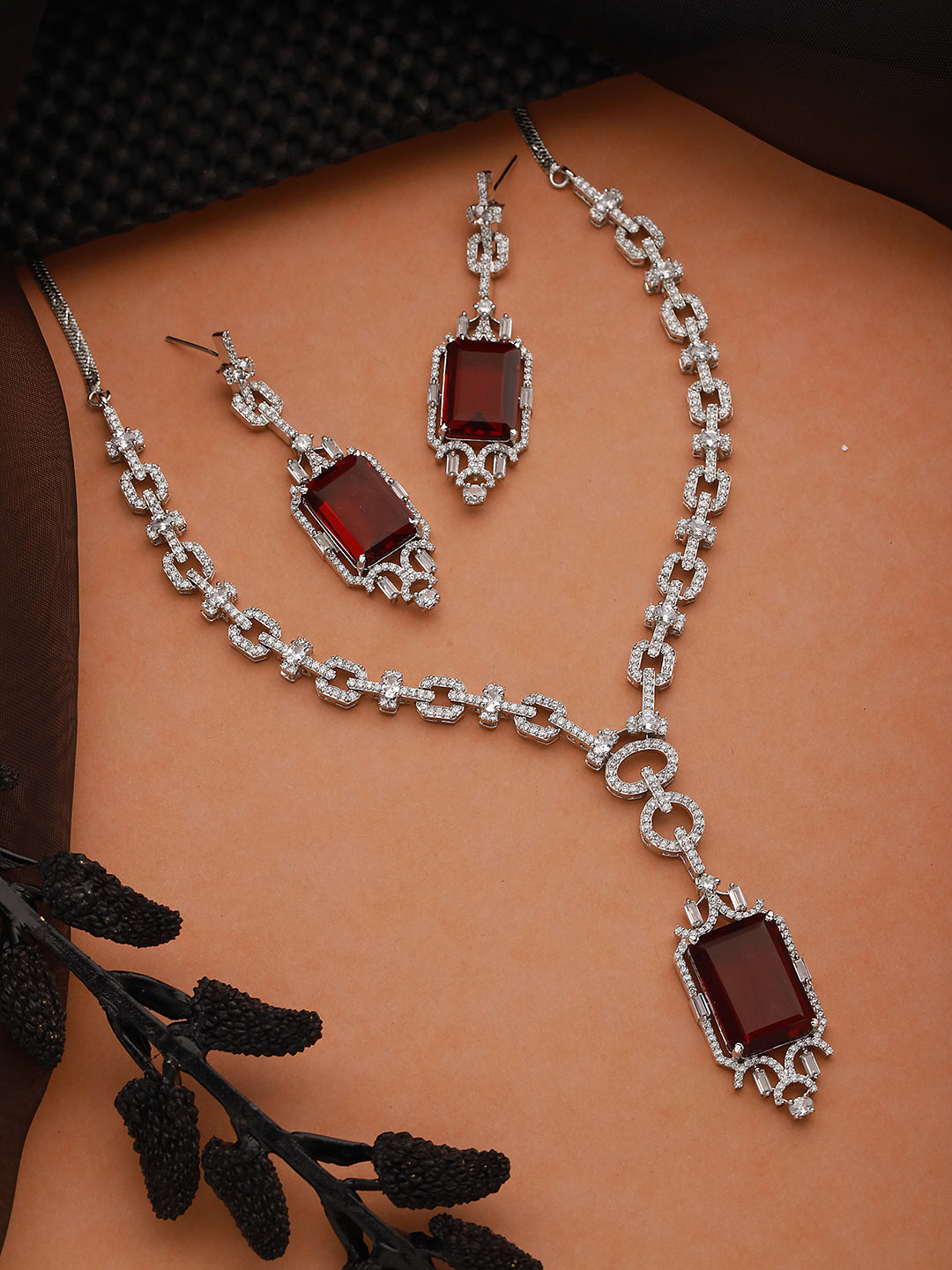 Silver Toned  CZ Studded  Red Ruby Designer Necklace Jewellery Set