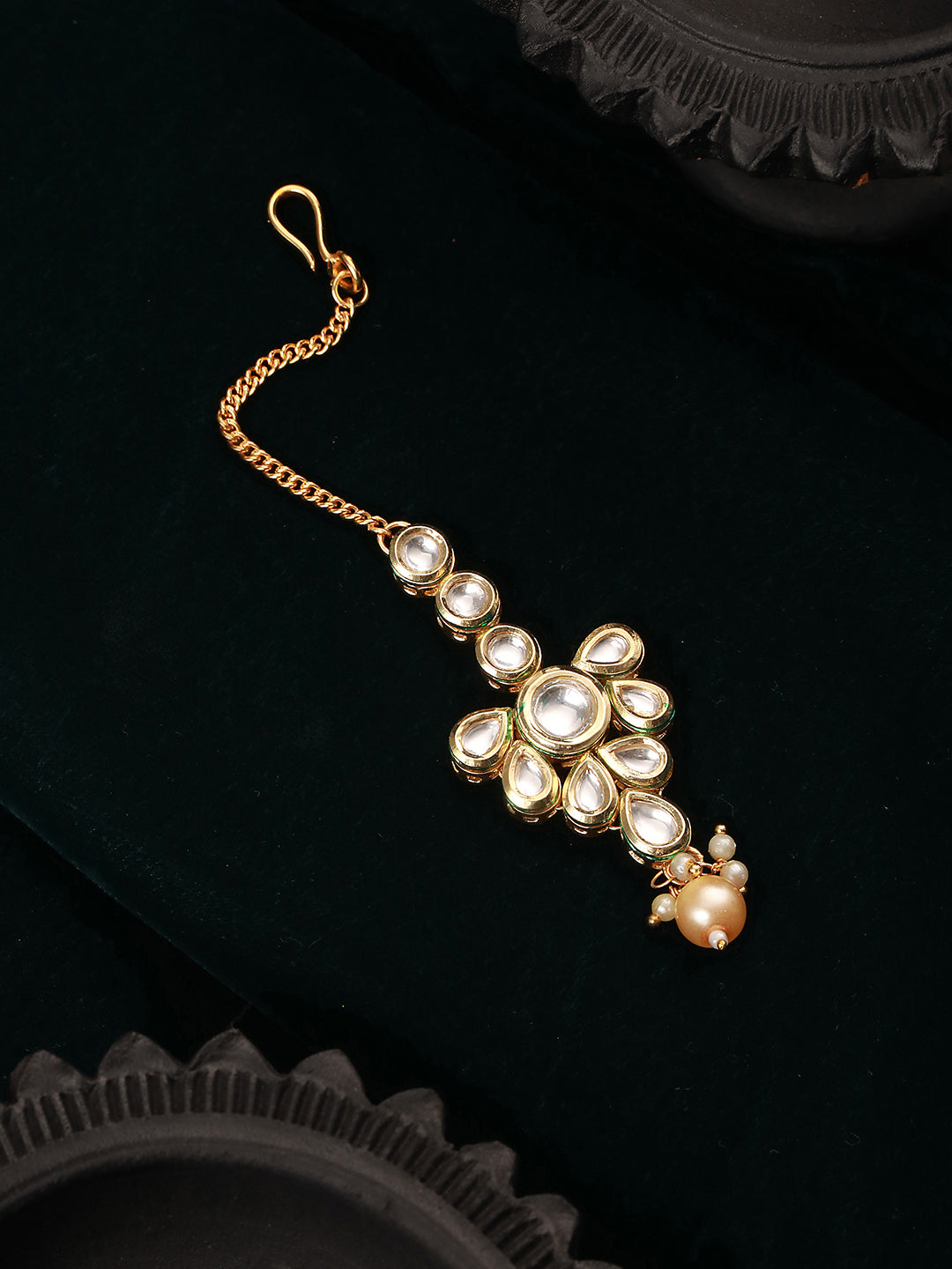 Gold Plated Kundan studded & Green Beaded Handcrafted Mangtika