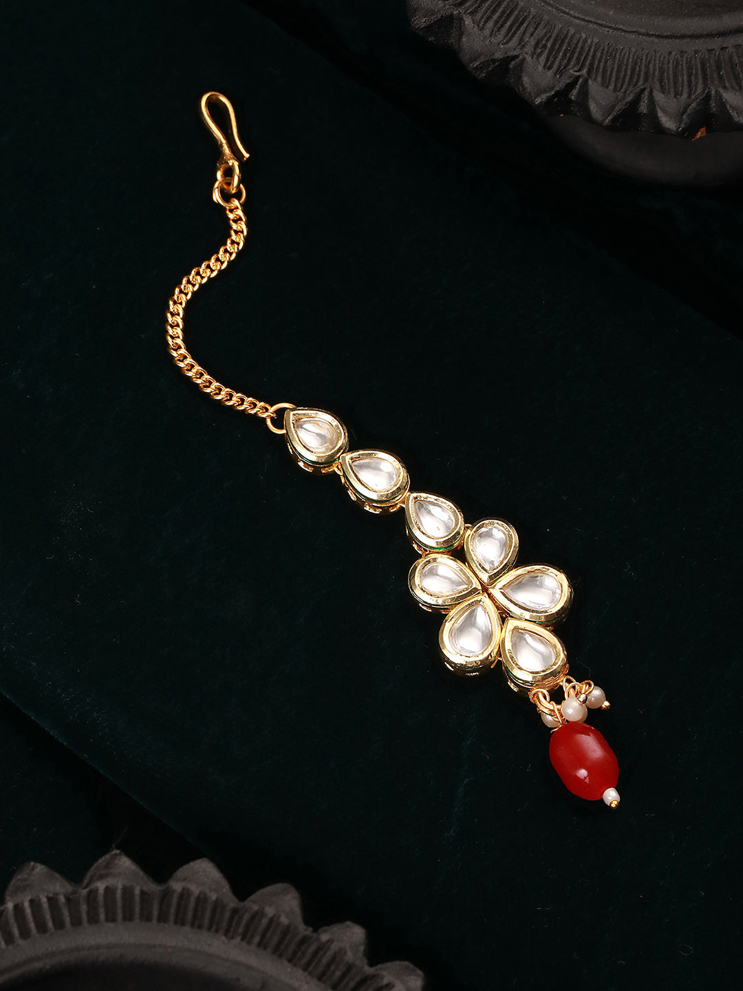 Gold Plated Kundan Studded Red Handcrafted Delicate Mangtika