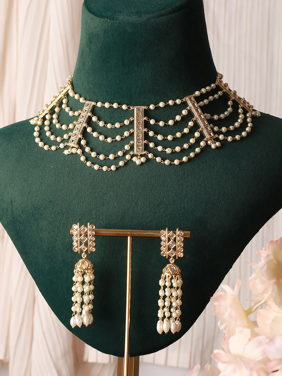 Gold Toned Pearl Beaded Minimal Choker Jewellery  Set
