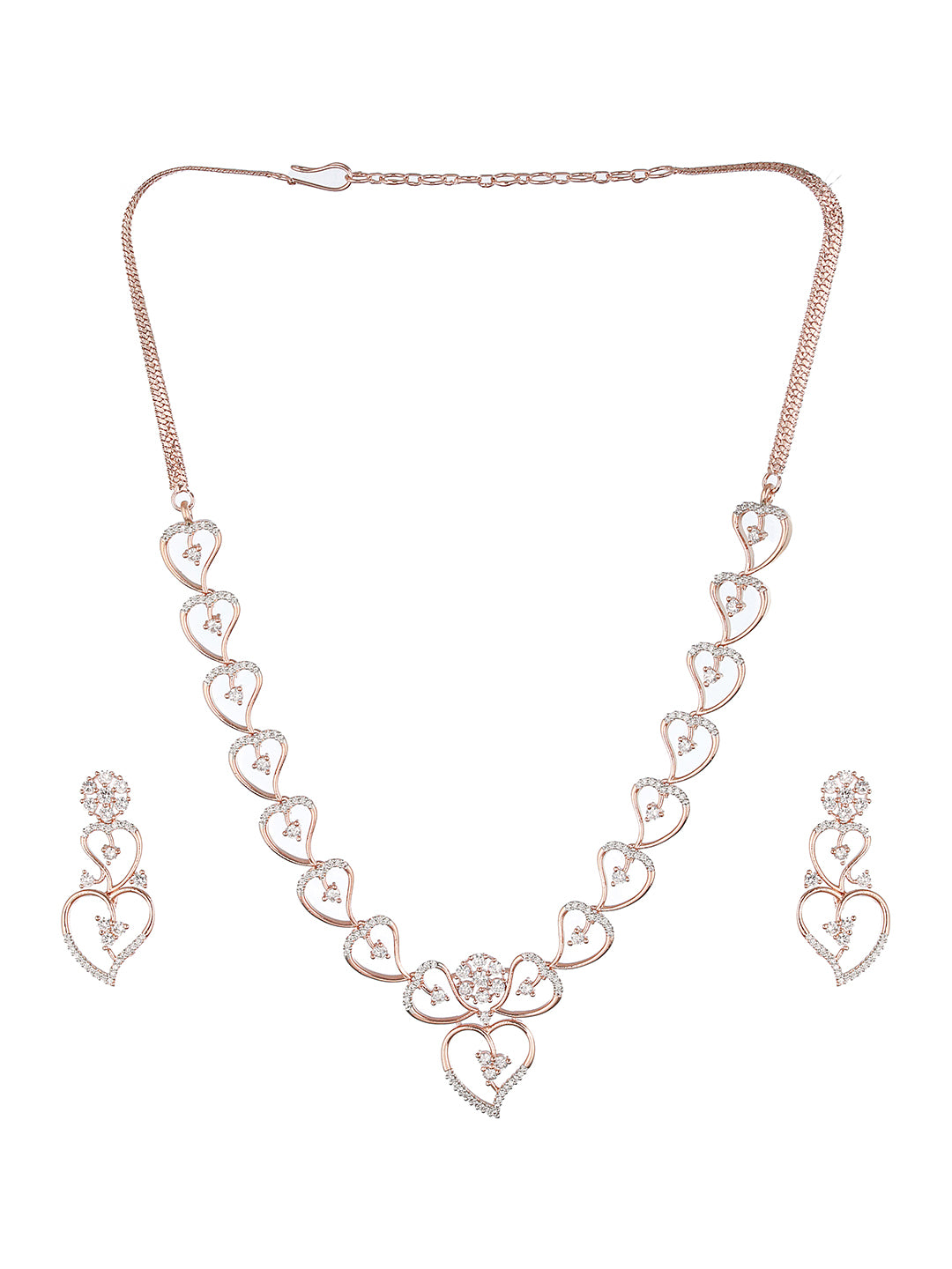Rose Gold Toned CZ Studded Heart Shaped Minimal Jewellery Set