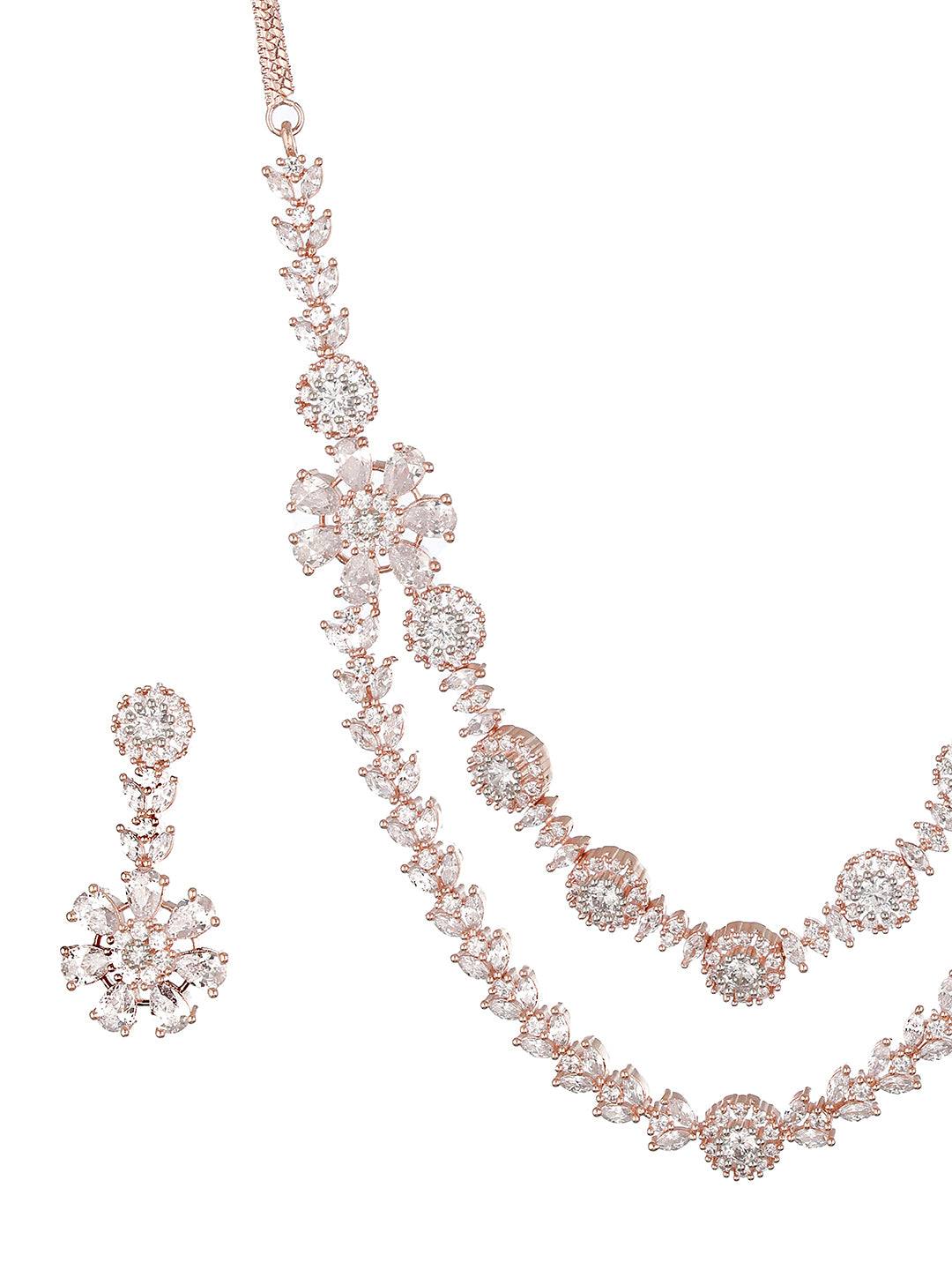 Silver Toned CZ Studded 2 line Floral Jewellery Set