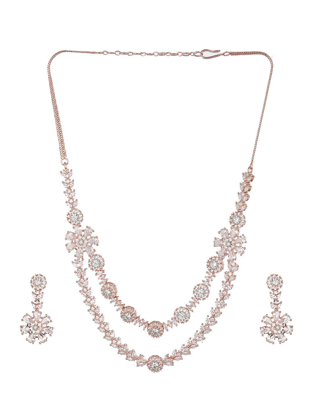 Silver Toned CZ Studded 2 line Floral Jewellery Set