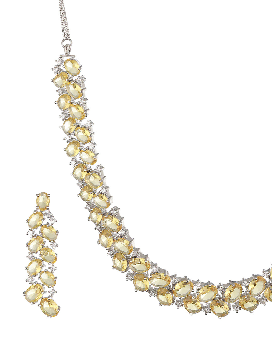 Silver Toned Yellow AD Studded Minimal  Designer Jewellery Set