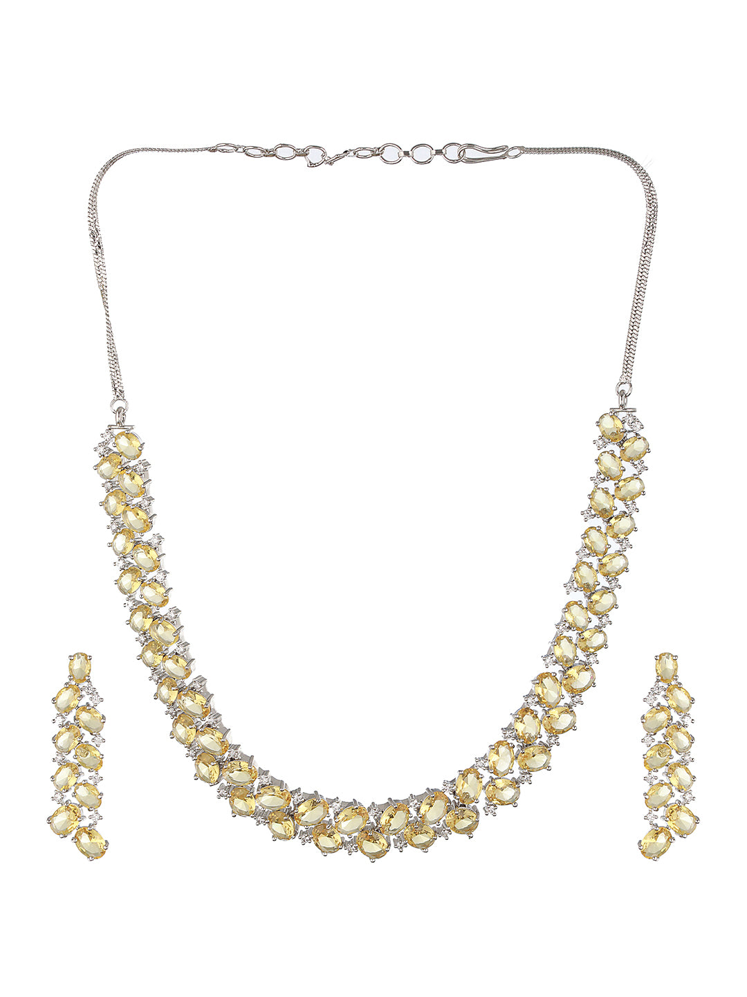 Silver Toned Yellow AD Studded Minimal  Designer Jewellery Set