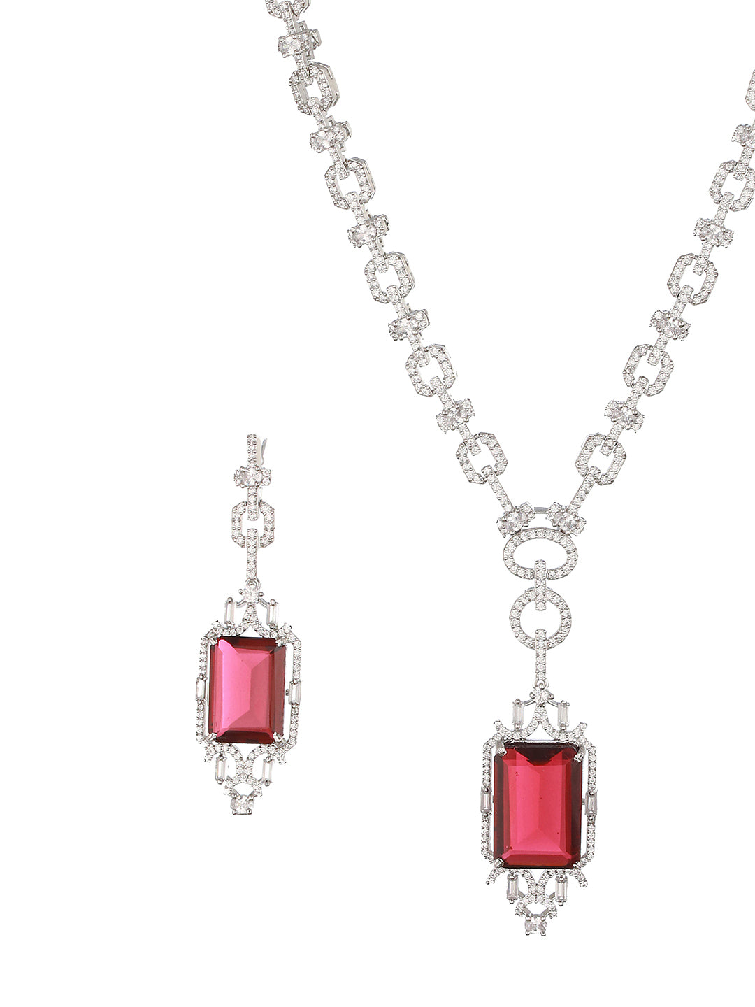Silver Toned  CZ Studded  Red Ruby Designer Necklace Jewellery Set