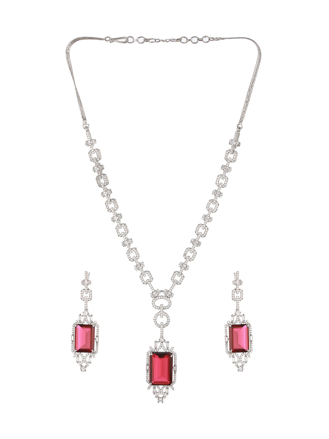 Silver Toned  CZ Studded  Red Ruby Designer Necklace Jewellery Set