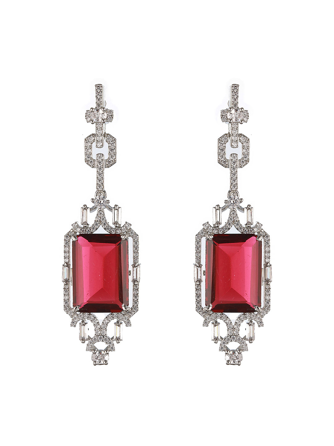 Silver Toned  CZ Studded  Red Ruby Designer Necklace Jewellery Set