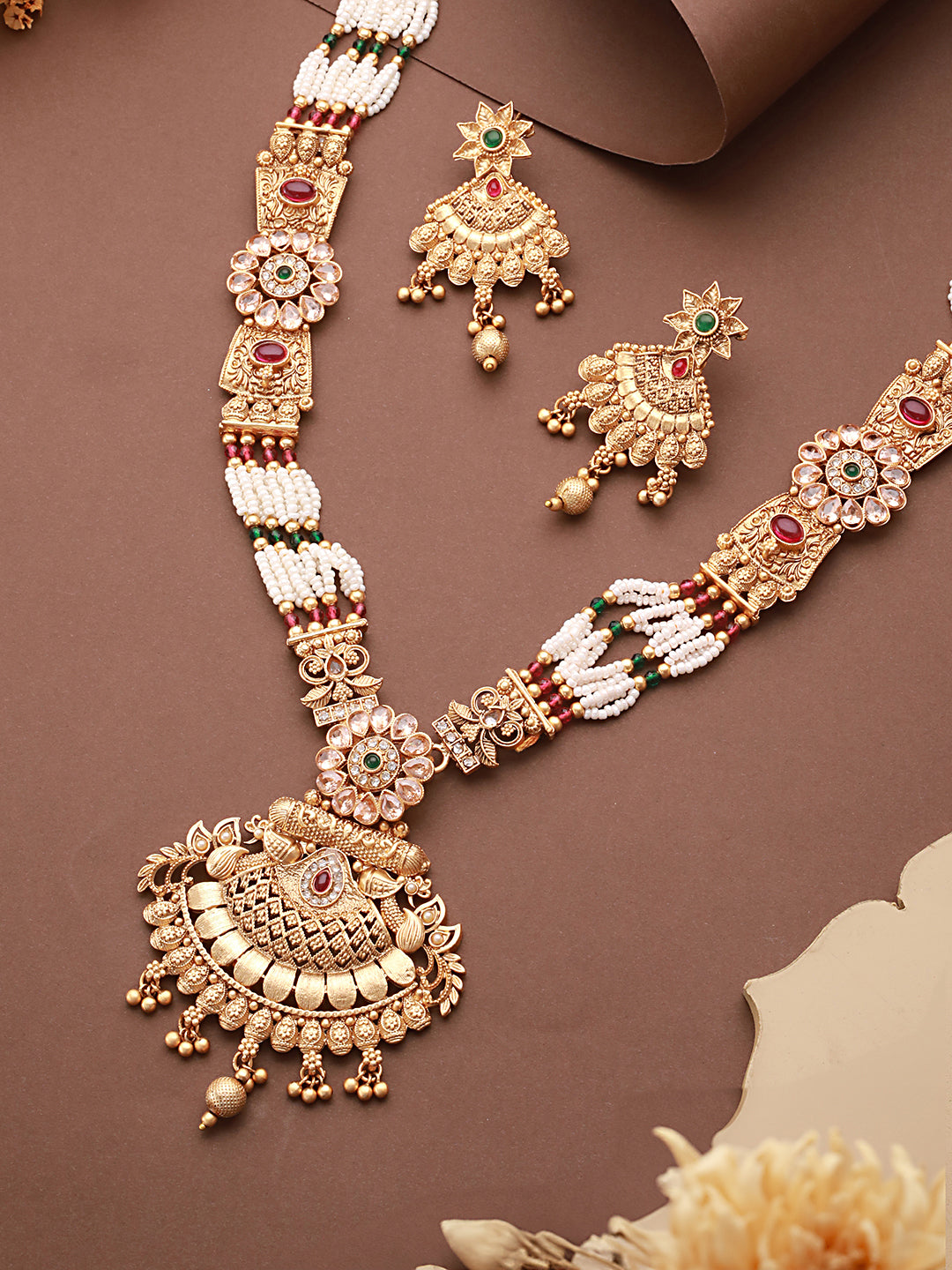 Gold Plated Fusion Stone Studded Filigree Long Maala  Bridal  Jewellery Set