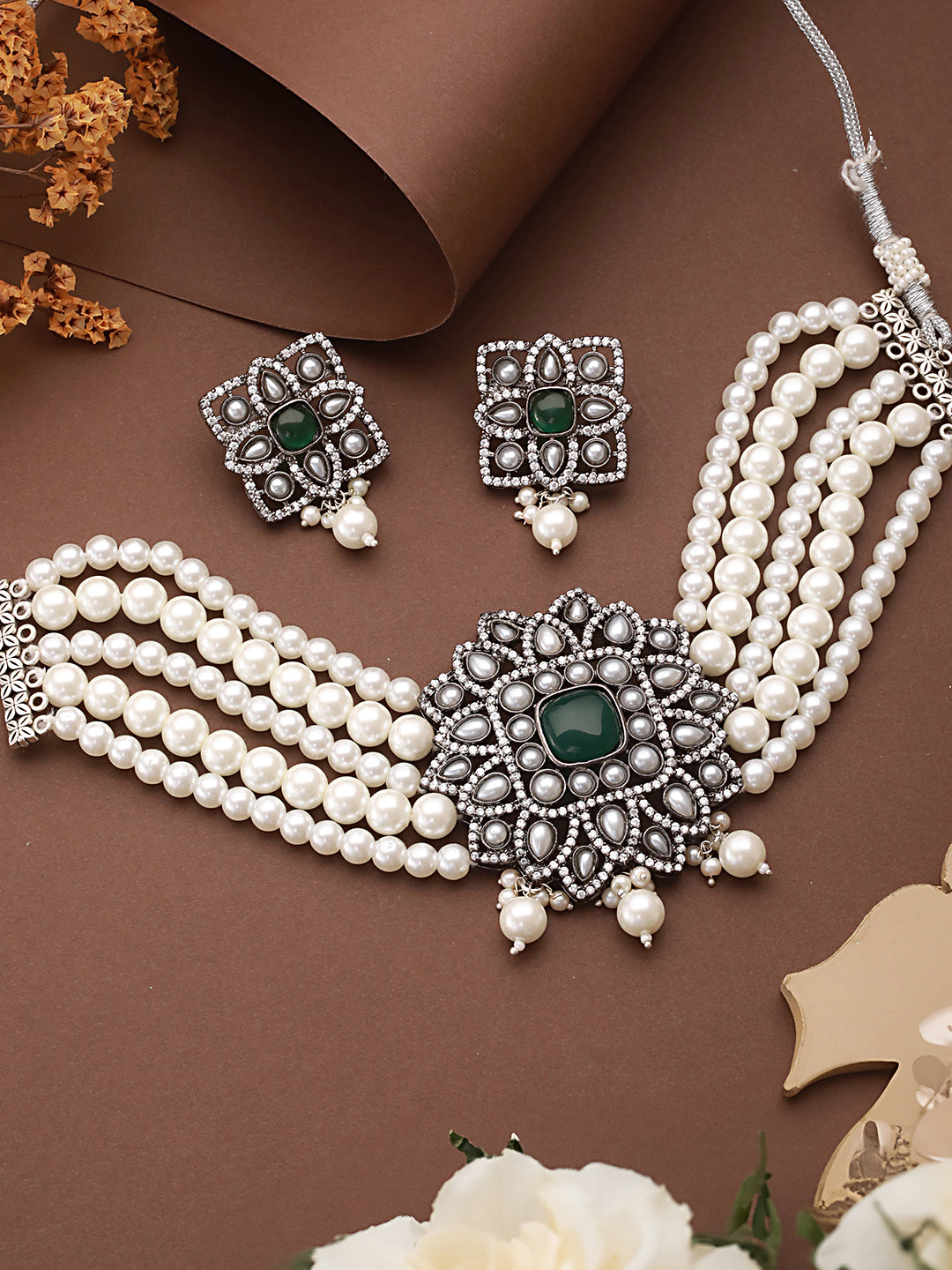 Silver Oxidised Victorian AD Studded Pearl Beaded Luxe Choker Jewellery Set