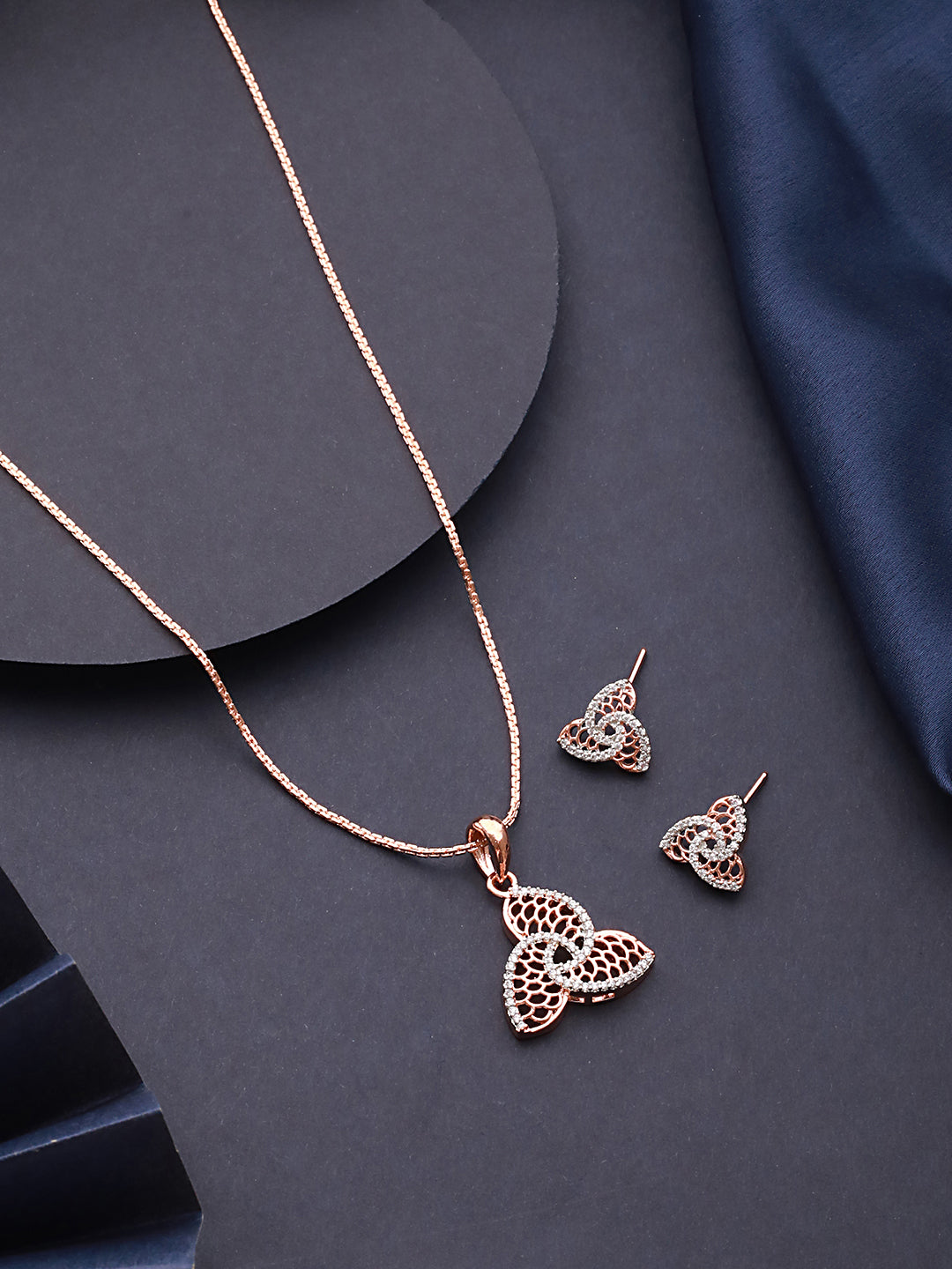 Rose Gold Plated AD Studded Minimal Leafy  Locket Jewellery Set