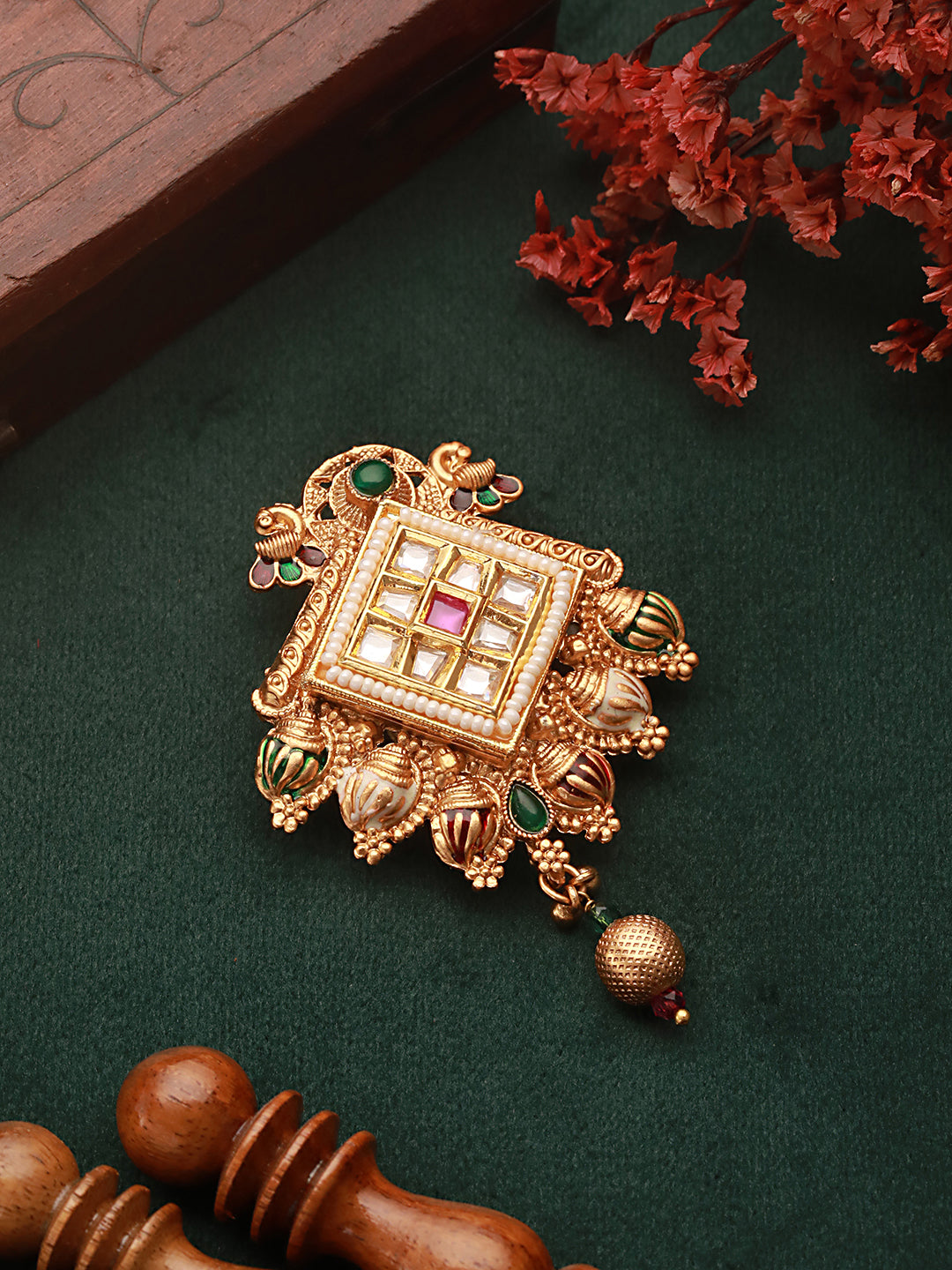 Gold Toned Kundan & Pearl Beaded Peacock Design Broach Saree Pin