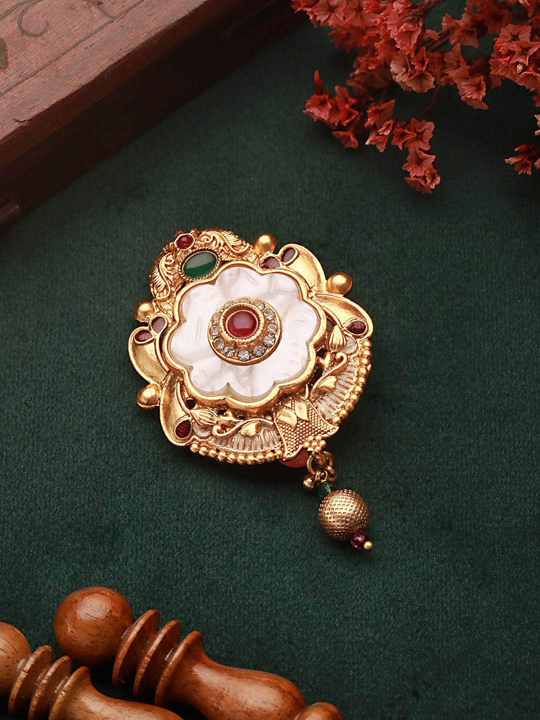 Gold Toned Red Stone Floral Handcrafted Broach Saree Pin