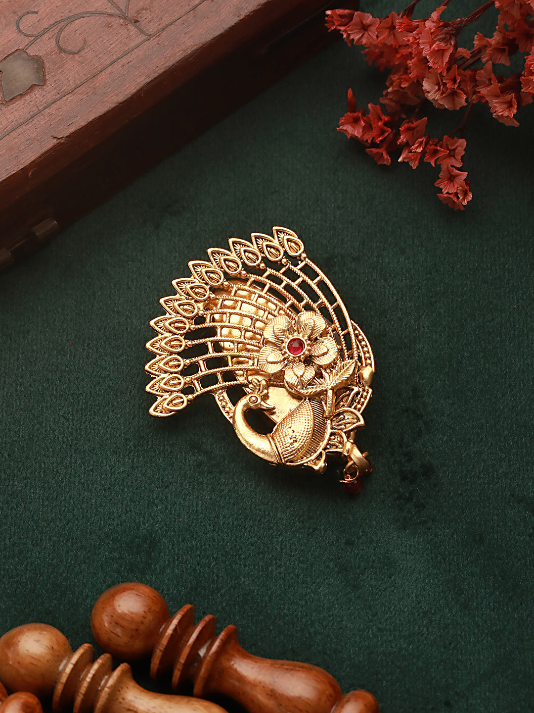 Gold Plated Peacock Floral Broach Saree Pin