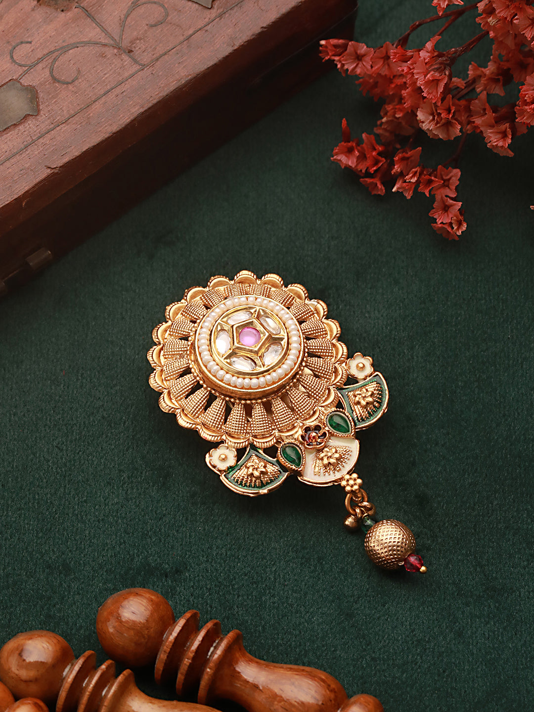 Gold Plated Kundan & Pearl Beaded Floral Broach Saree Pin