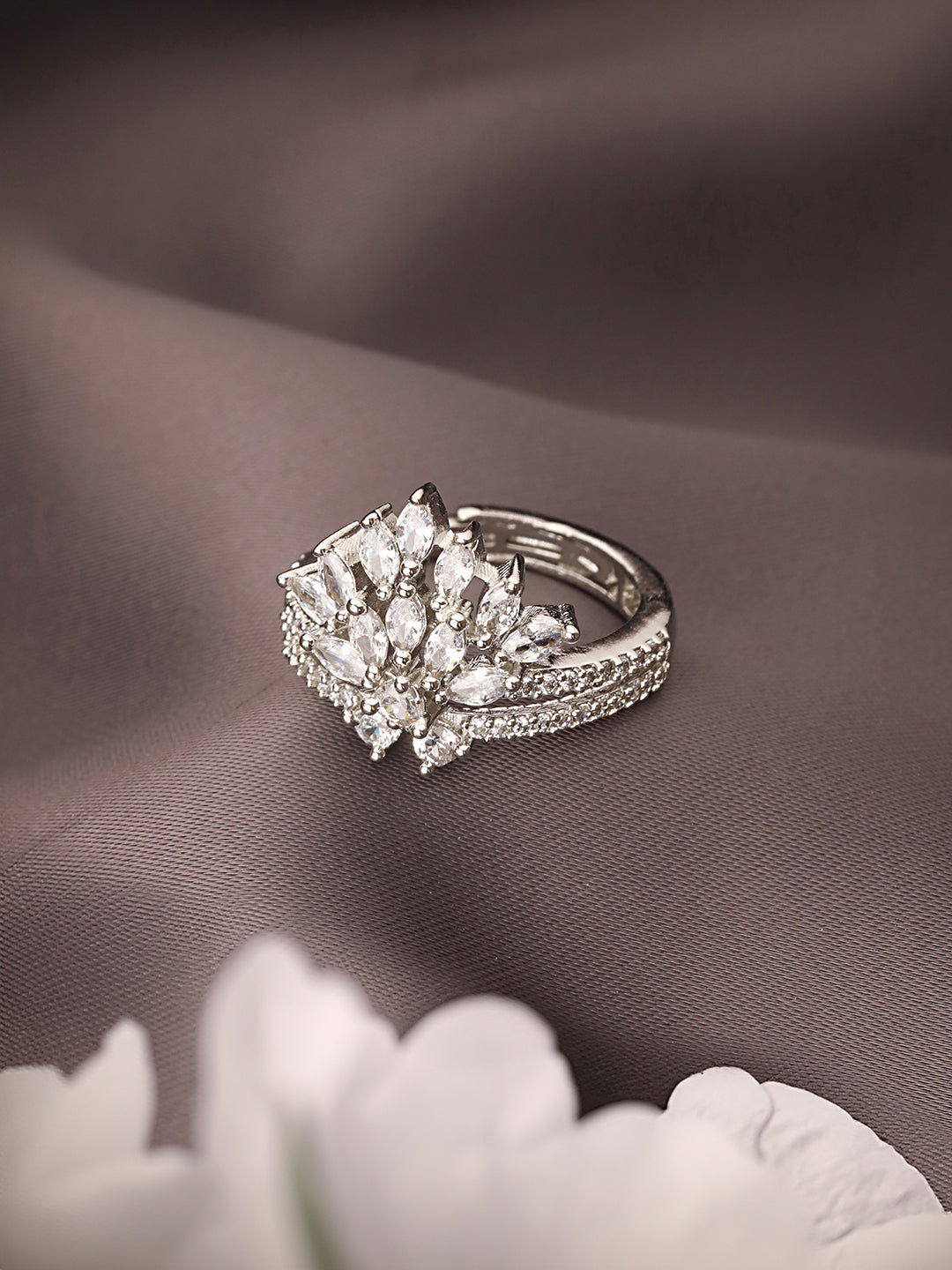 Silver Plated AD Studded Crown Shaped  Designer  Engagement Finger Ring