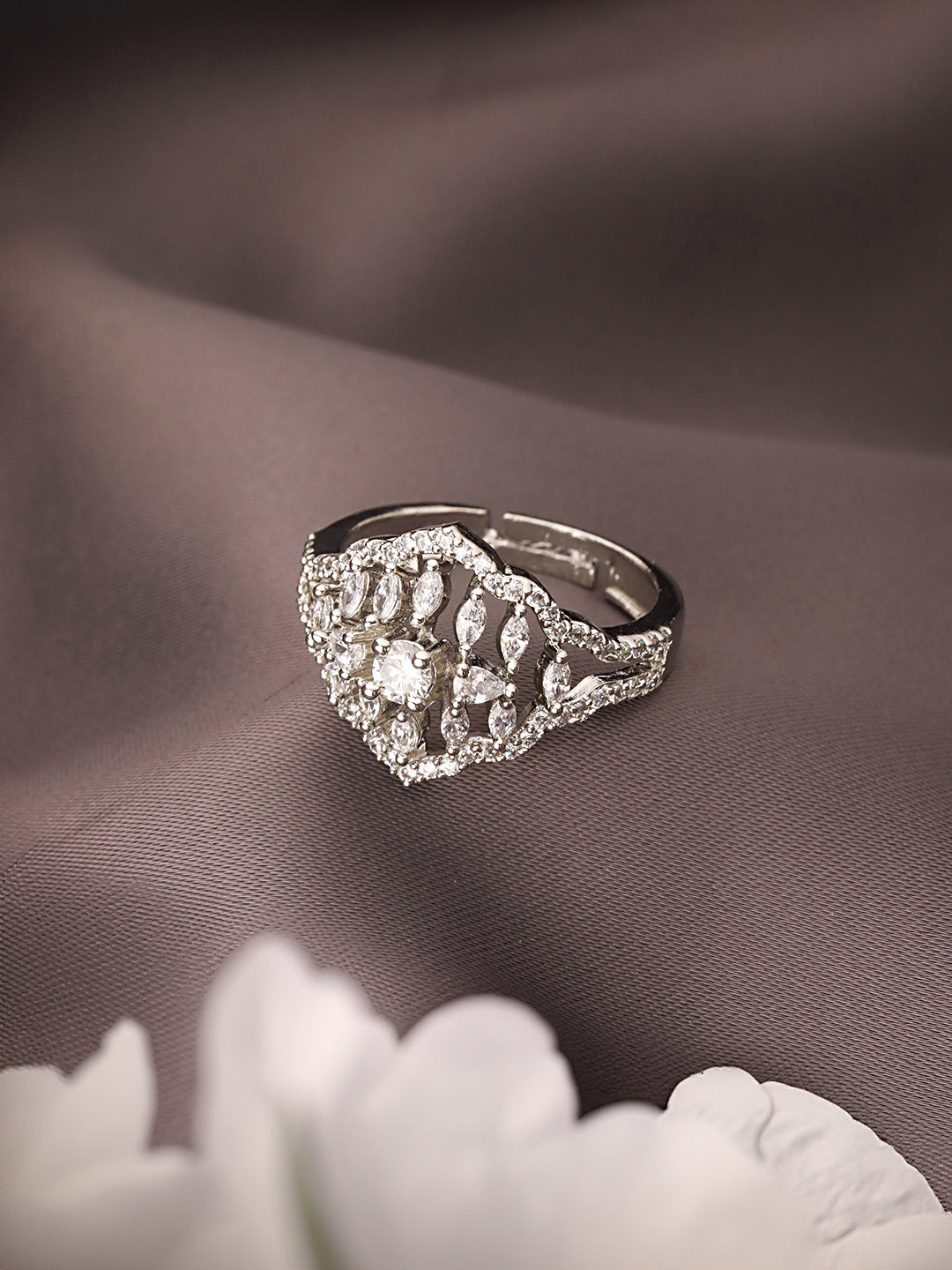 Silver Plated AD Studded Floral Delicate Engagement Finger BandRing