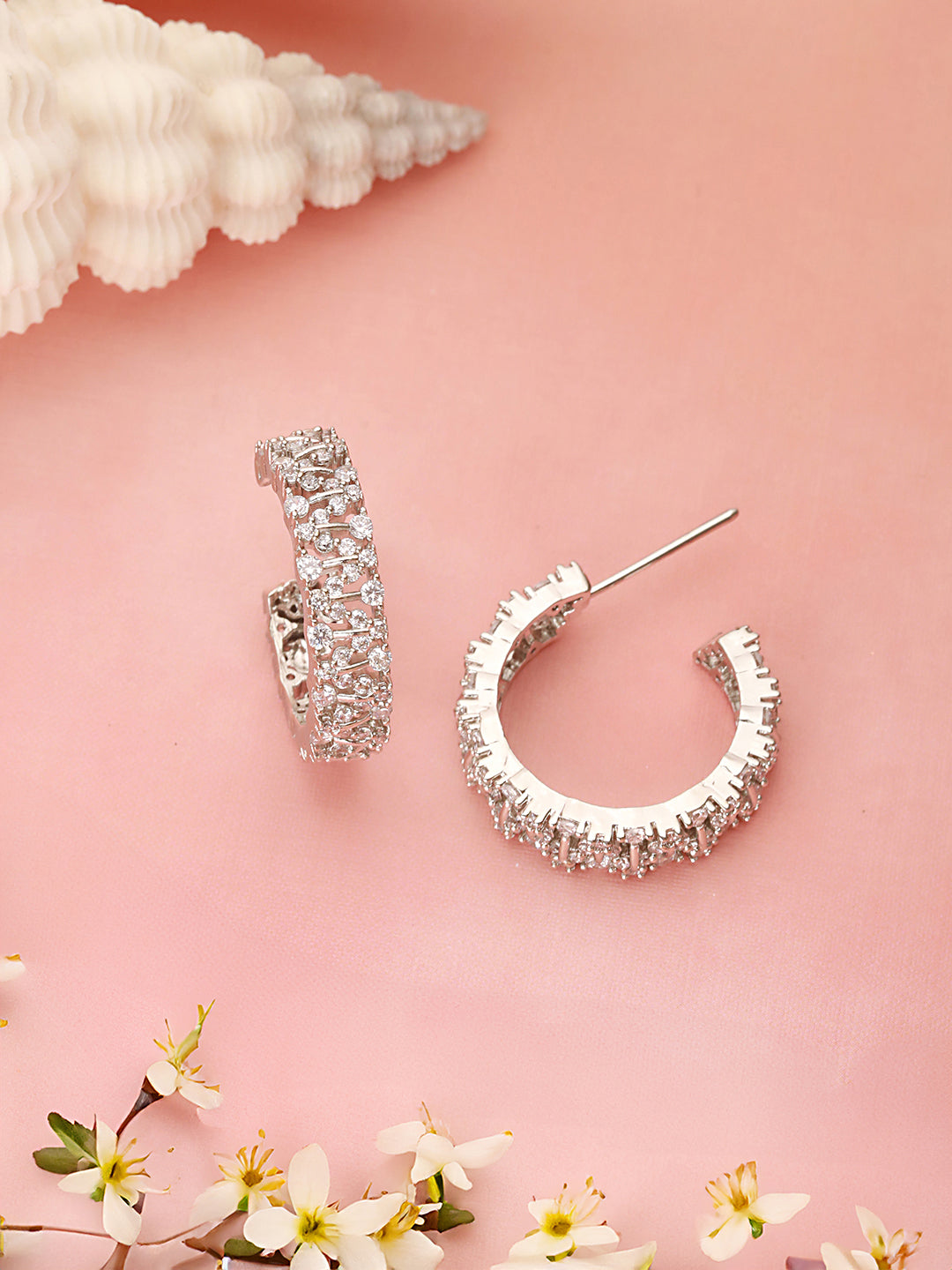 Silver Plated Zircon Studded Minimal Half C Hoops Earrings